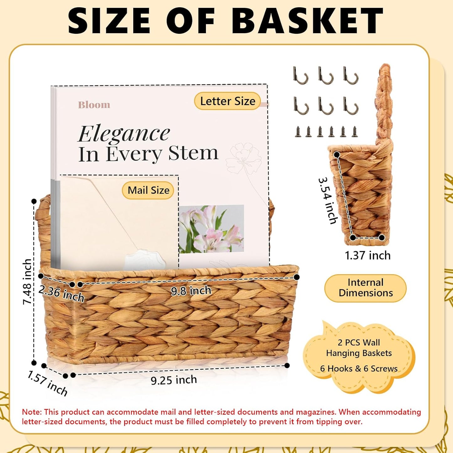 Woven Mail Holder Wall Mount Basket Rattan Wall Letter Holder Wicker Wall / 9.25 x 1.57 / Set of 2