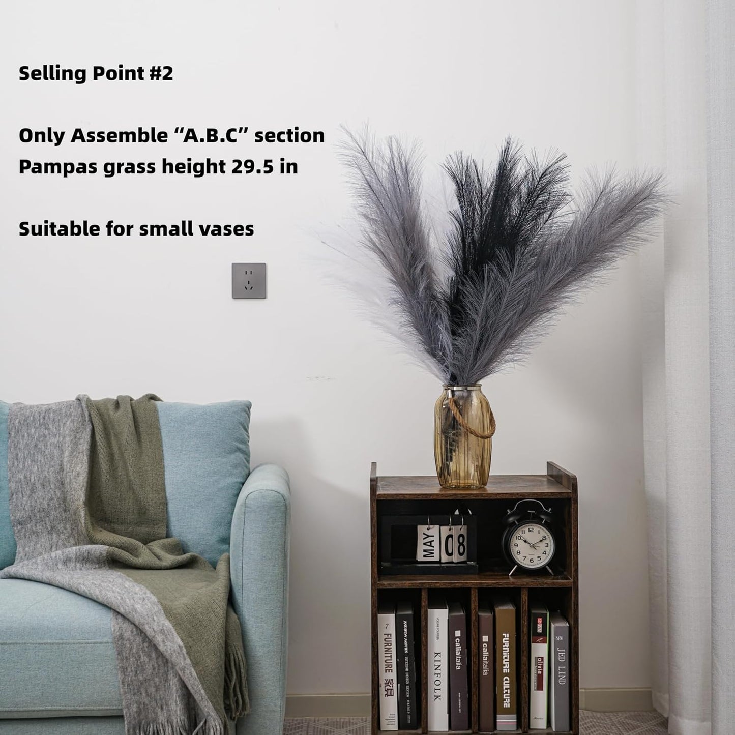 Pampas Grass Decor Tall 44''/ Fluffy Large Pompas Grass / Black White Gray / 3.7 Inch / Set of 6