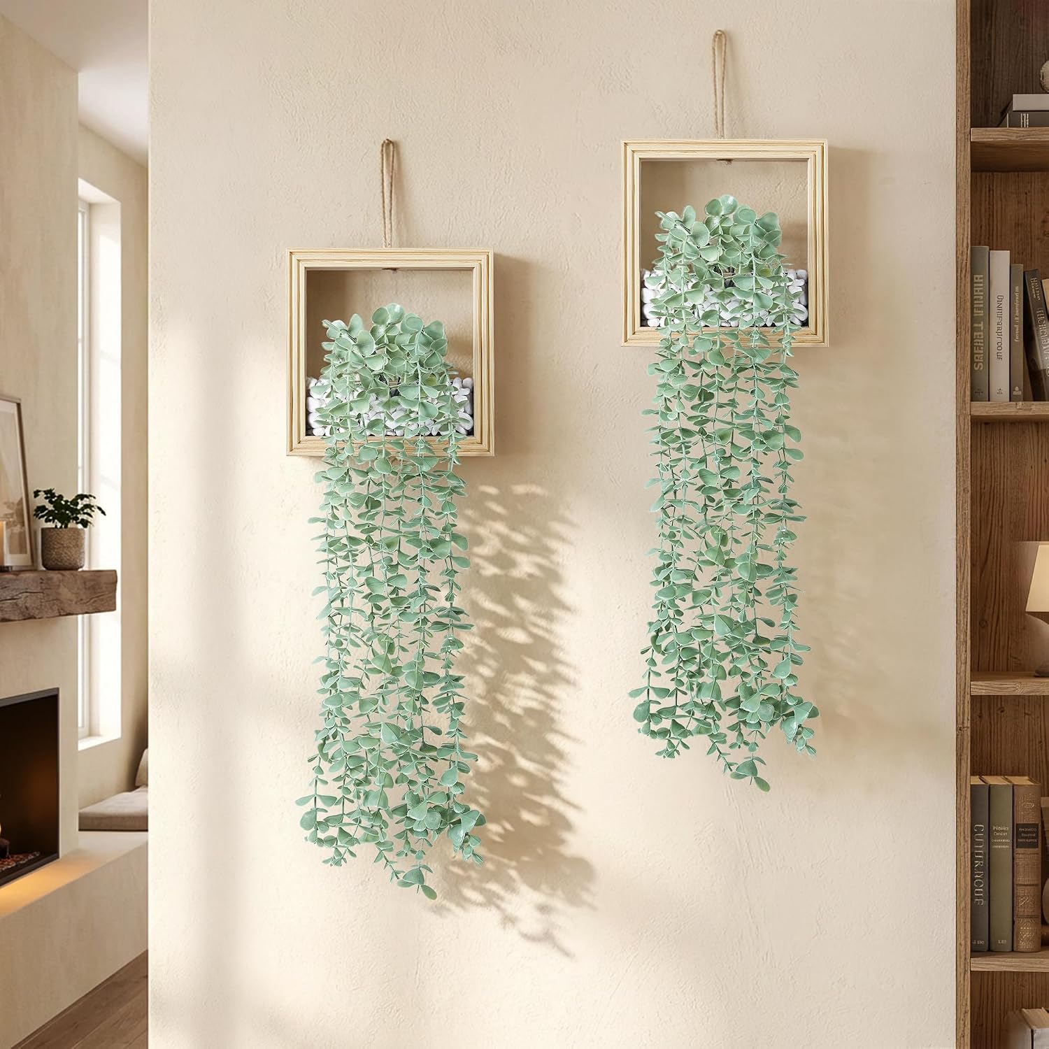Artificial Eucalyptus Vines in Square Wooden Frame / 7.8" Natural / Set of 2