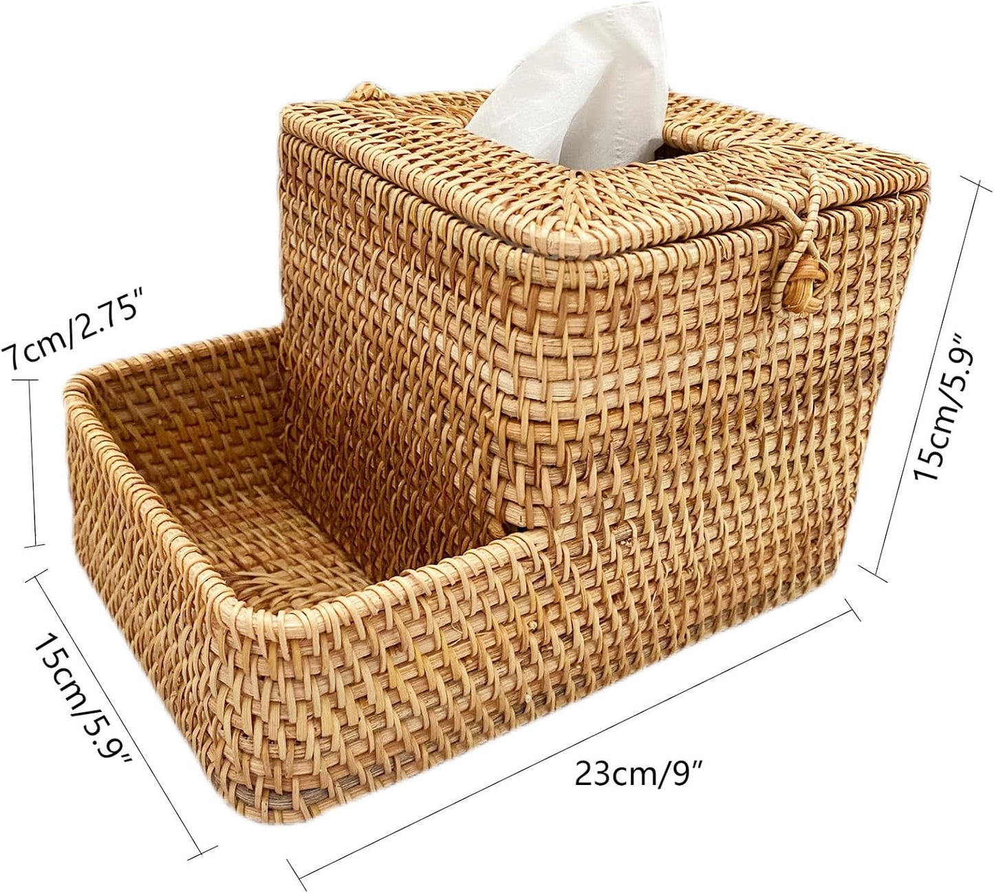 Decorative Square Rattan Tissue Box and Condiment Organizer / Natural Brown with Compartment / 6 x 6