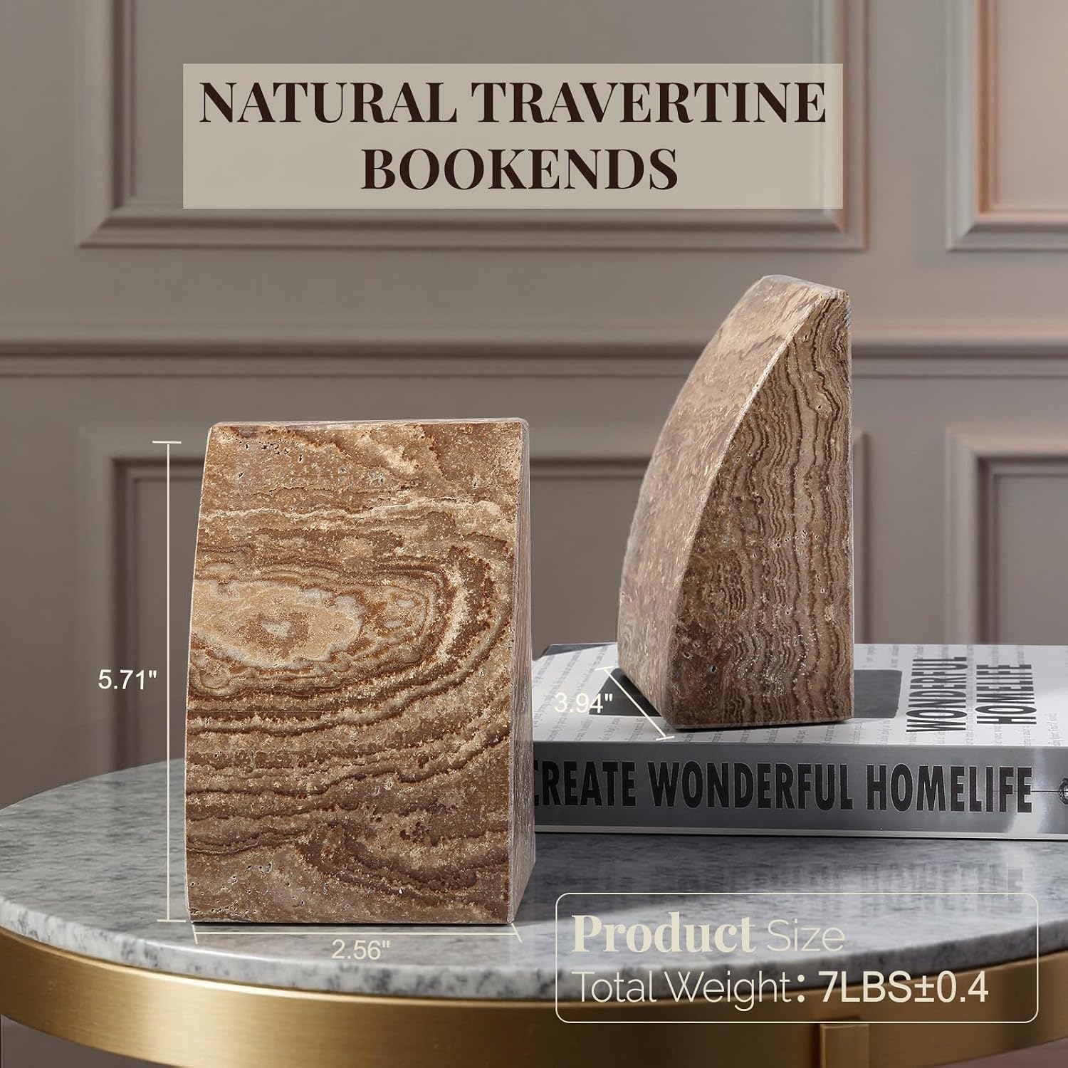 Travertine Bookends / Non-Slip Heavy Duty Book Stopper / Sail-brown Travertine