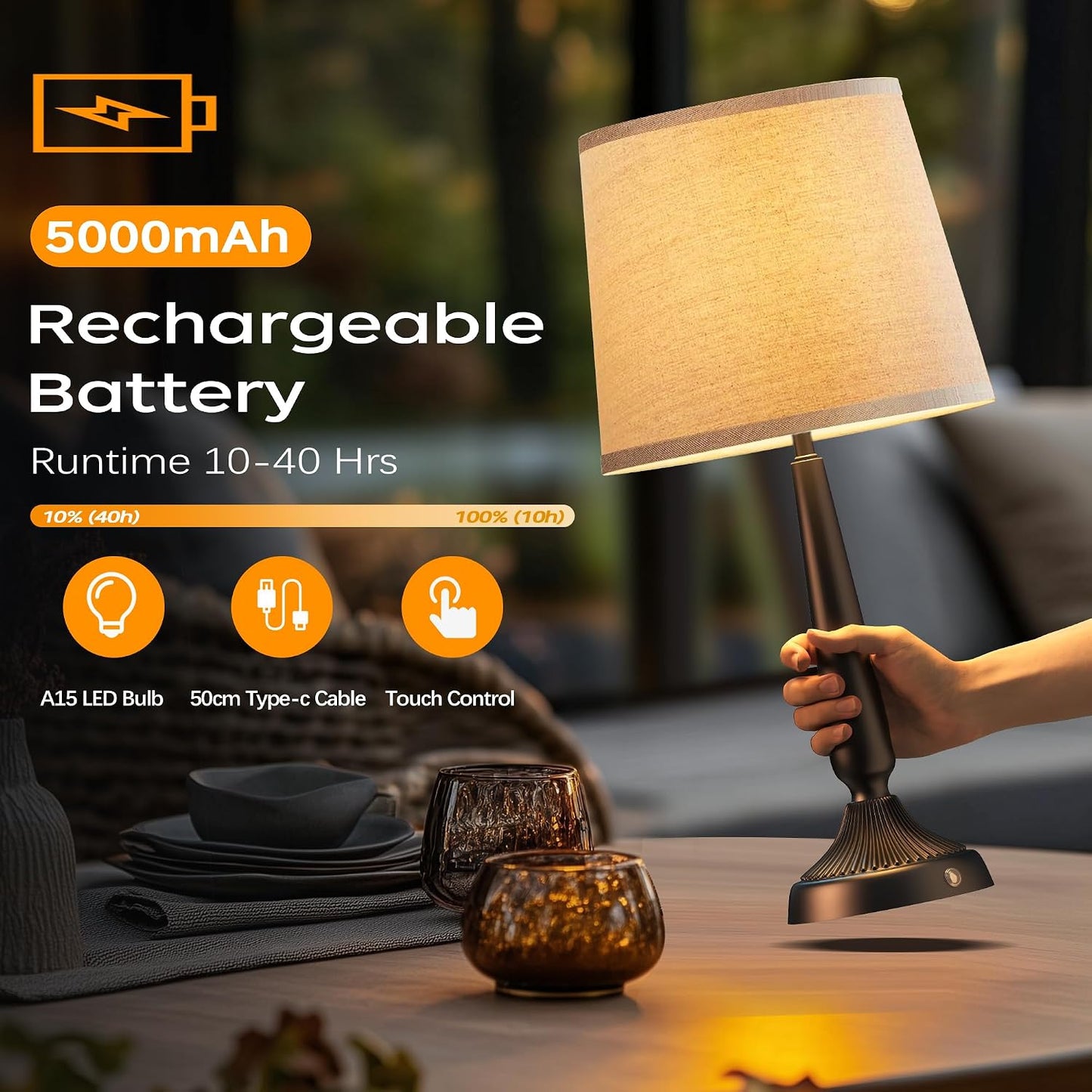 Cordless Table Lamp, 5000mAh Battery Rechargeable Touch Lamp, 3-Level Brightness Bedside Lamps, Modern Black Iron