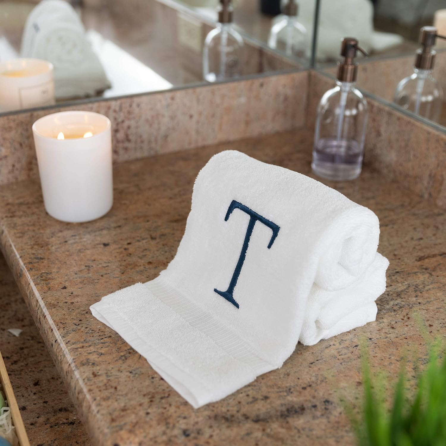 White with Navy Monogrammed Hand Towels for Bathroom - Set of 2 Letter T | Luxury Hotel Quality Initial Towels For
