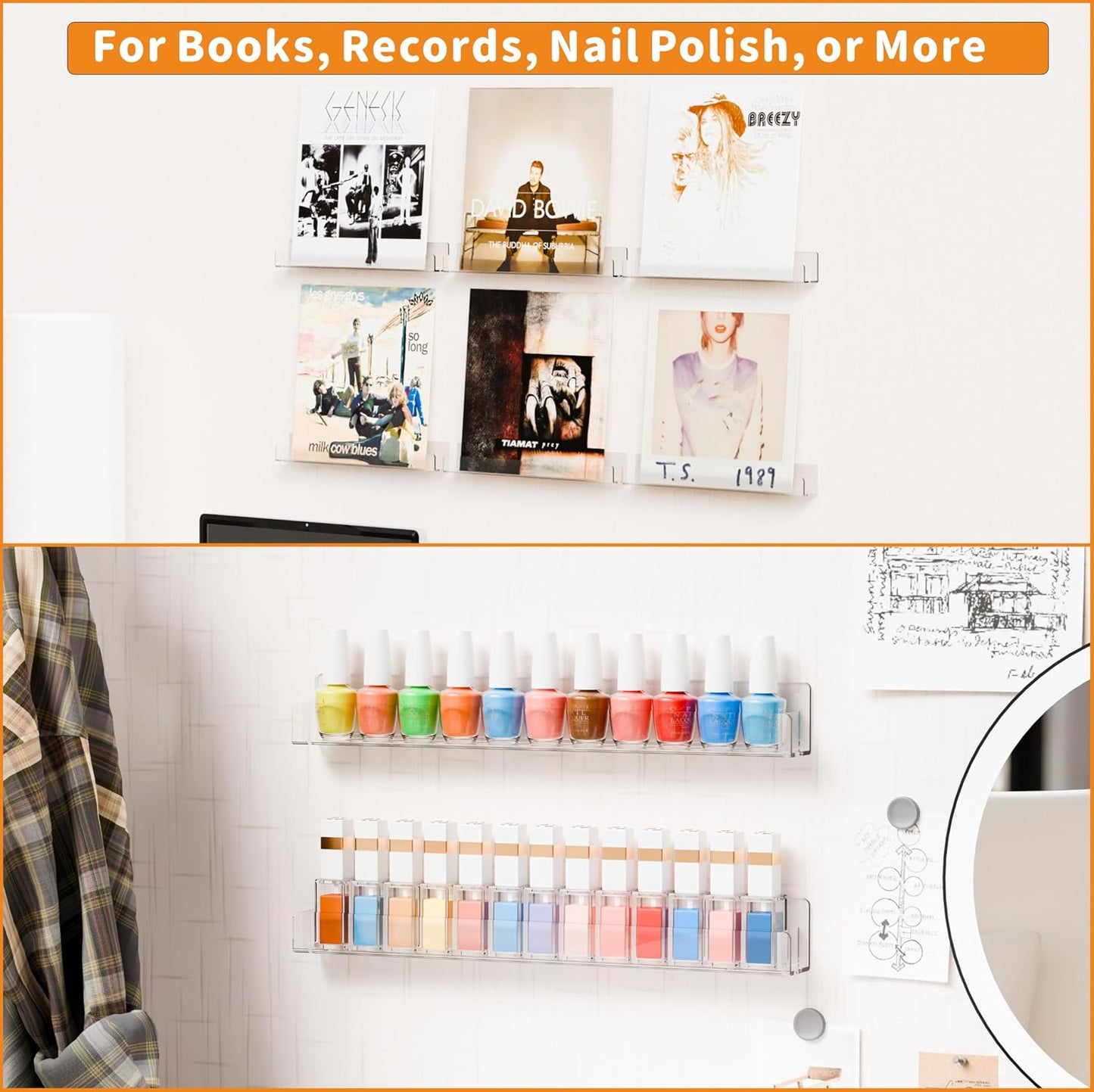 Cq acrylic Invisible Clear Floating Bookshelf - 15" Hanging Wall Mounted Display Shelf for Kids Room, Modern U Shaped