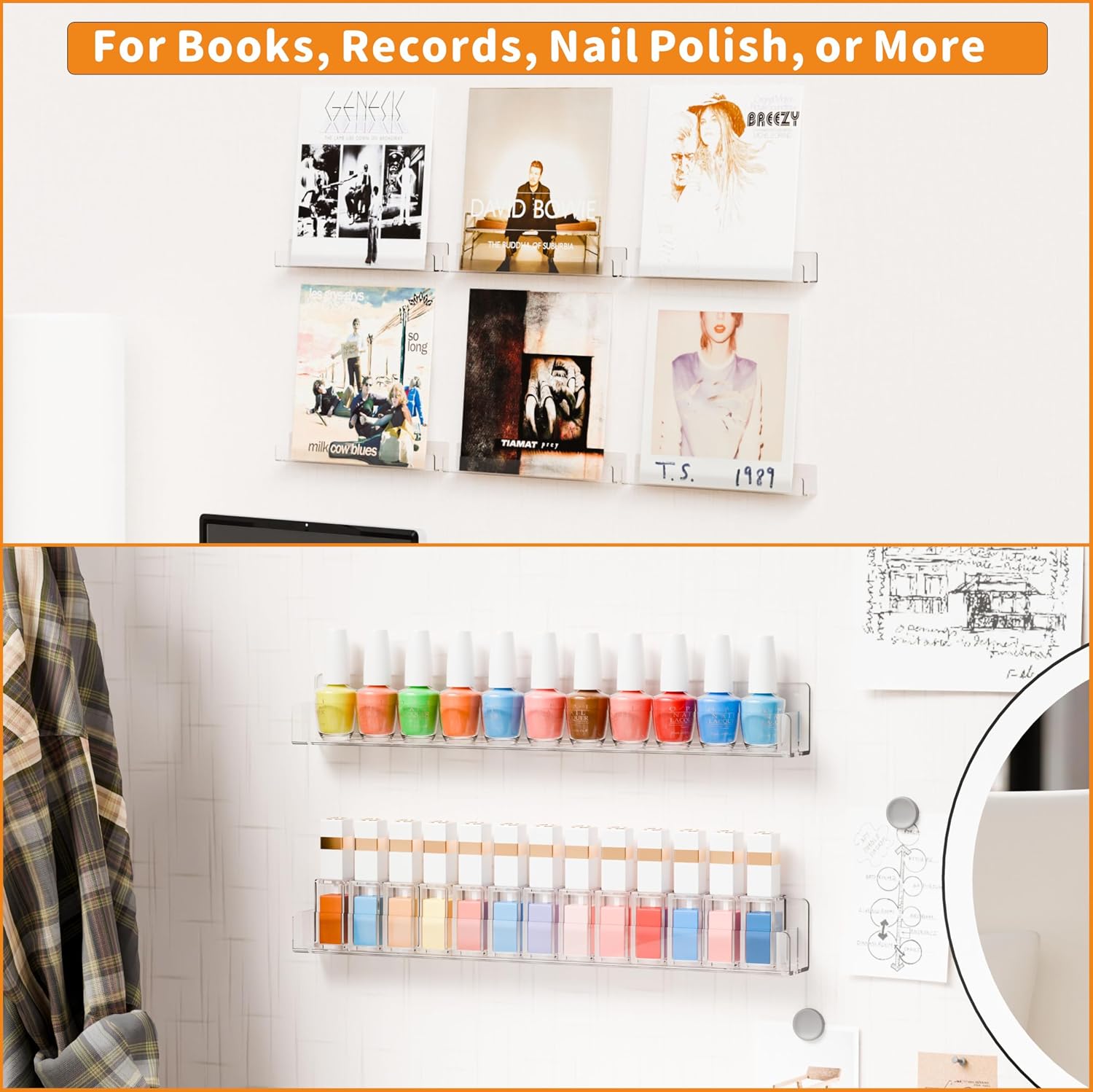 Cq acrylic Invisible Clear Floating Bookshelf - 15" Hanging Wall Mounted Display Shelf for Kids Room, Modern U Shaped