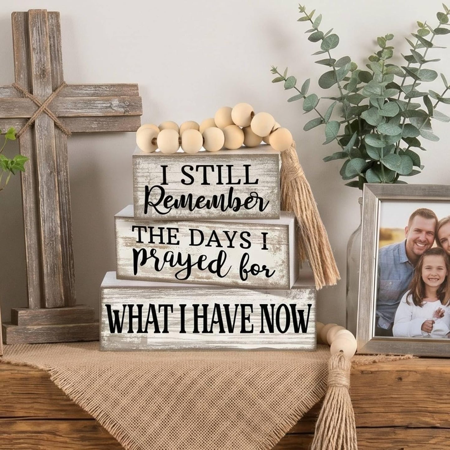 Farmhouse Wooden Tabletop Decor Rustic Retro Wood Bead Garland I Still Remember / Prayed / Set of 4