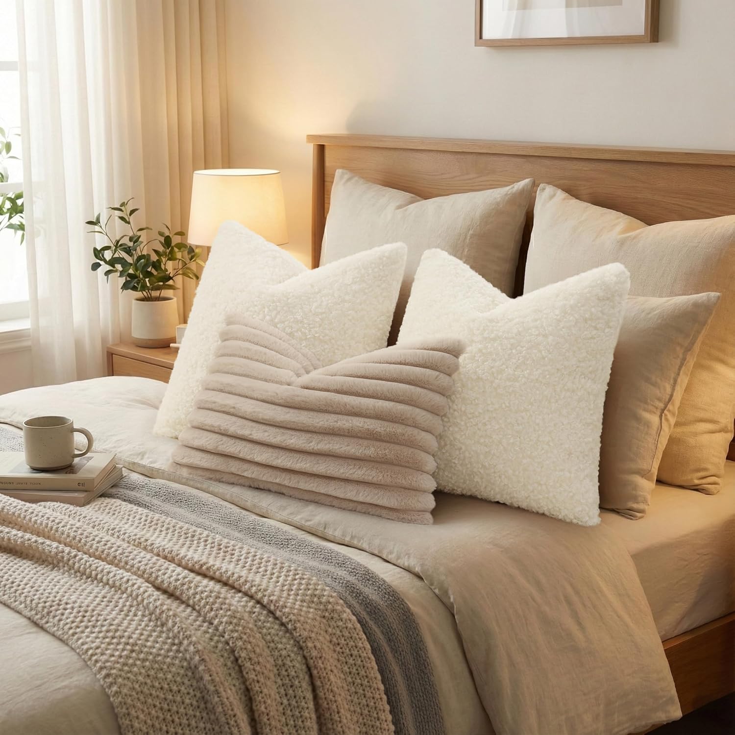 Faux Fur Decorative Sherpa Pillow Covers Fuzzy Accent Soft / Cream / 18 x 18 / Set of 2