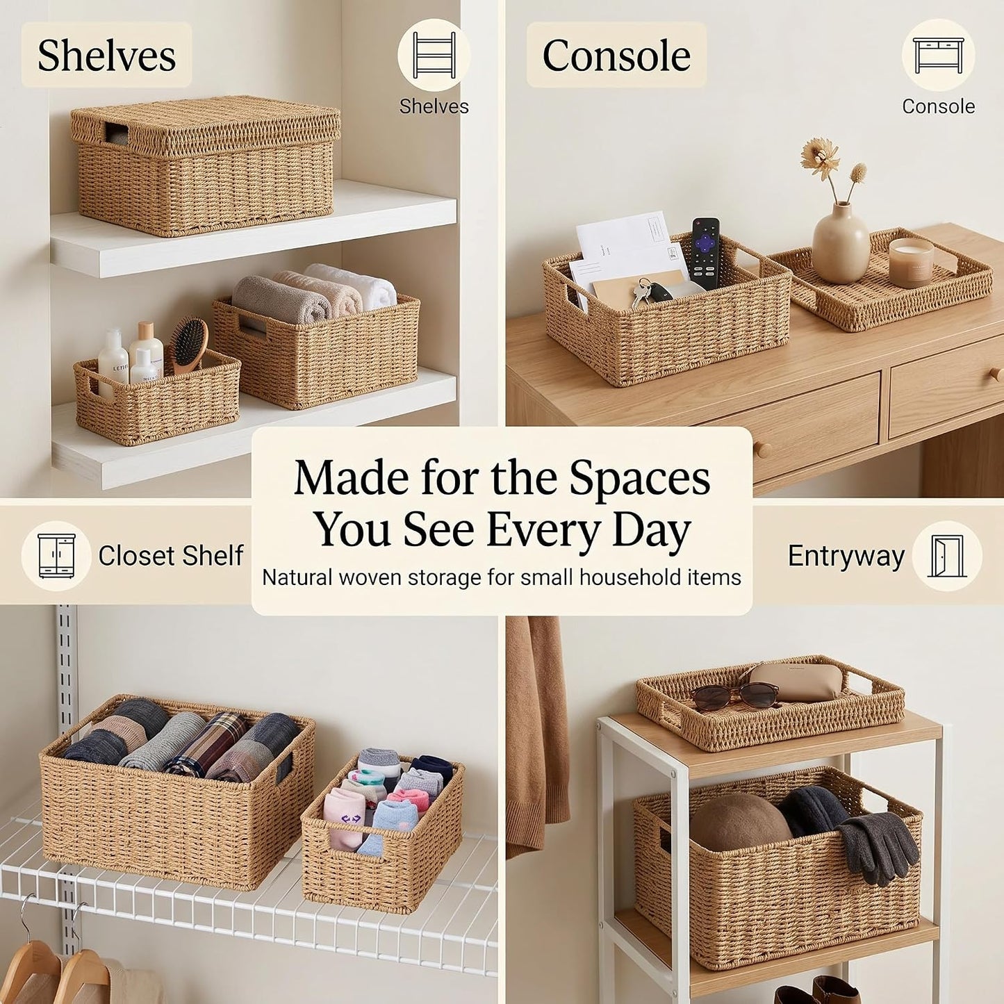 Wicker Storage Basket / Natural / 15 x 12 x 6.8 / 3-piece Mixed Set