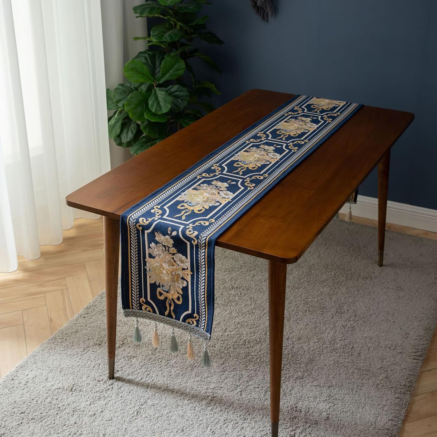Embroidery Luxury Table Runner, Long Blue Dining Table Runner, Elegant Jacquard Dresser Scarf with Multi-Tassels for