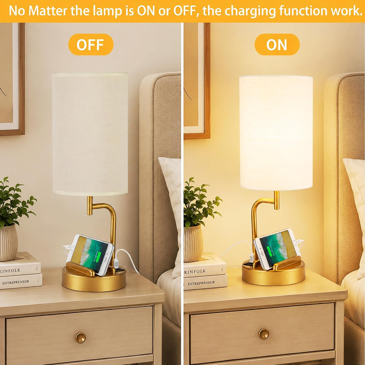 Dreamholder Touch Control USB Table Lamp with USB C/A & AC Outlet, 3-Way Dimmable Bedside Lamp, Modern Nightstand Lamps