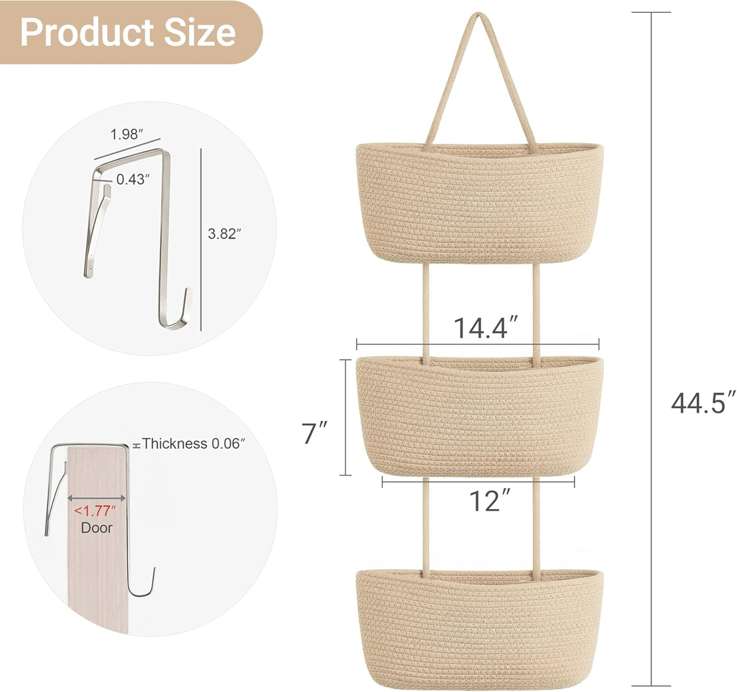 Over The Door Hanging Basket Woven Boho Wall Mounted Storage Organizer / Jute / 3-tier