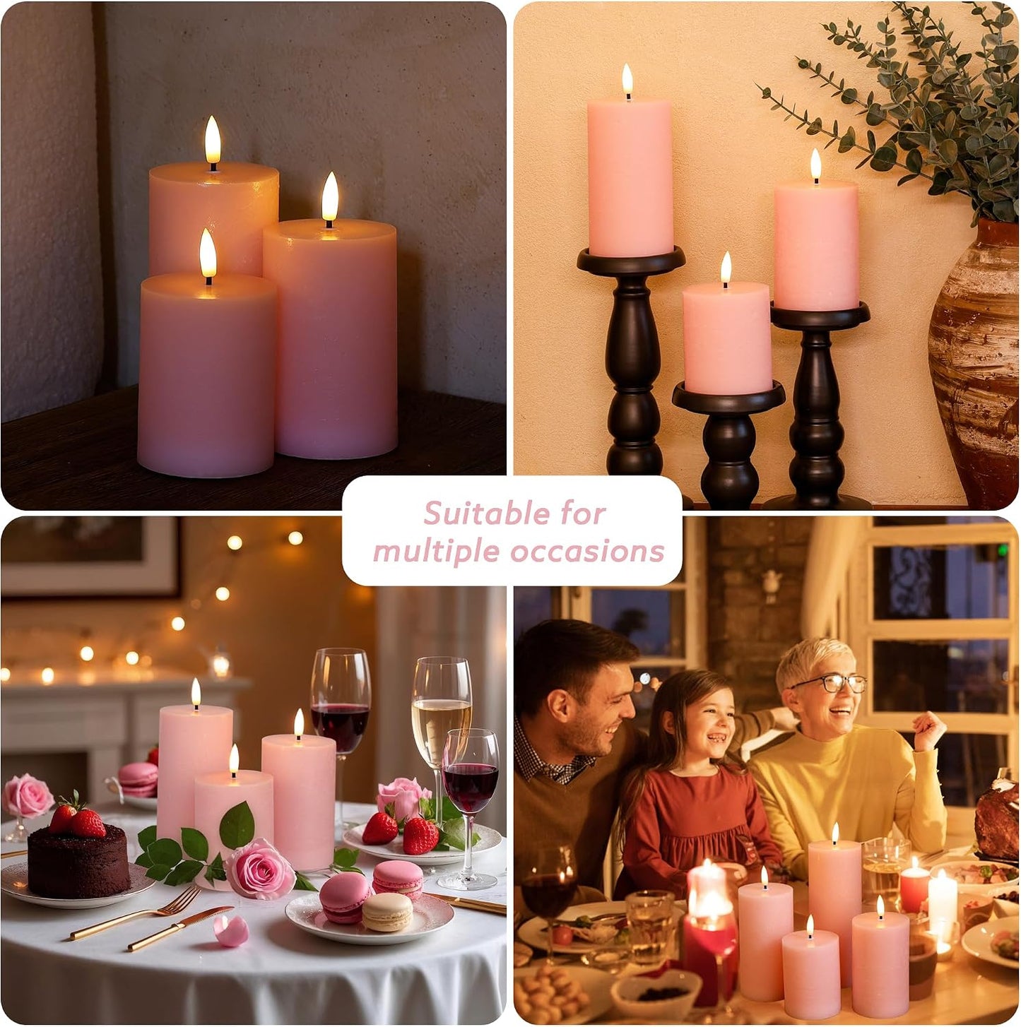 Pink Flameless Candles, Wax Battery Operated Candles with Remote | Flat Top Flickering LED Candles, Warm Ambiance, Home