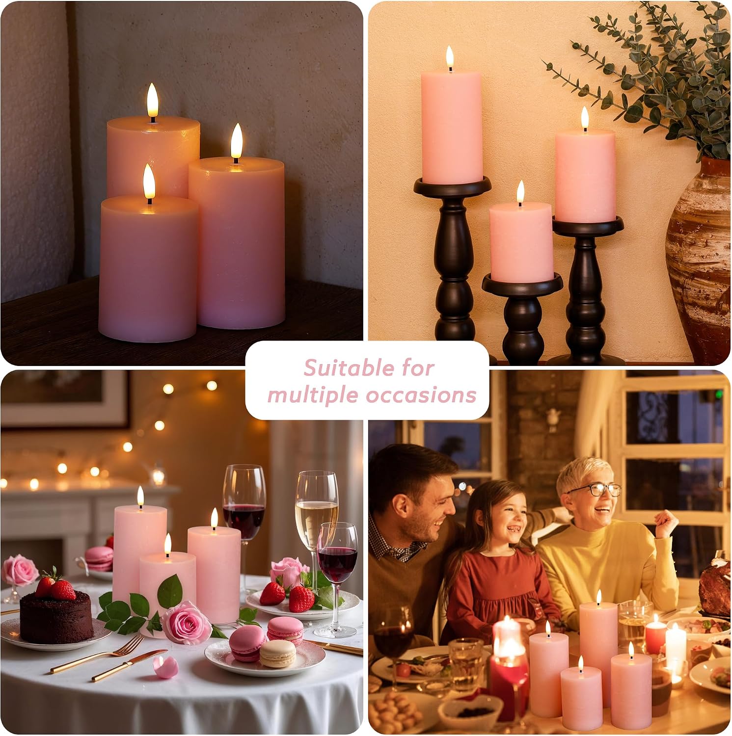 Pink Flameless Candles, Wax Battery Operated Candles with Remote | Flat Top Flickering LED Candles, Warm Ambiance, Home