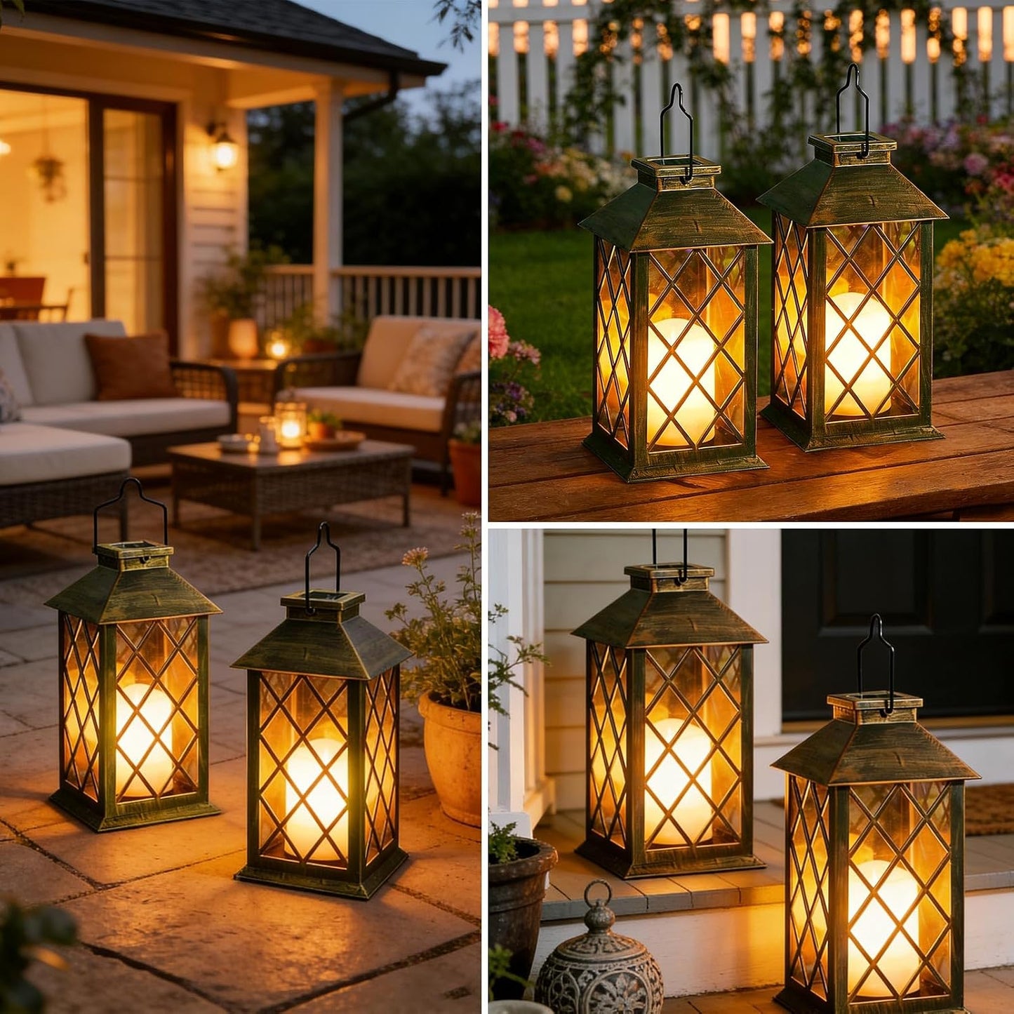 2 Pack 9" Medium Tempered Glass Solar Lanterns Outdoor Waterproof | Hanging Solar Lights with Flickering Flameless