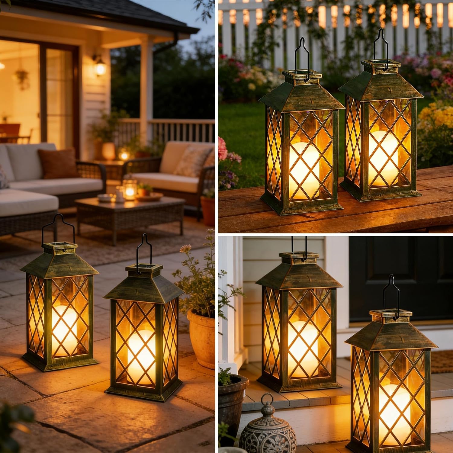 2 Pack 9" Medium Tempered Glass Solar Lanterns Outdoor Waterproof | Hanging Solar Lights with Flickering Flameless