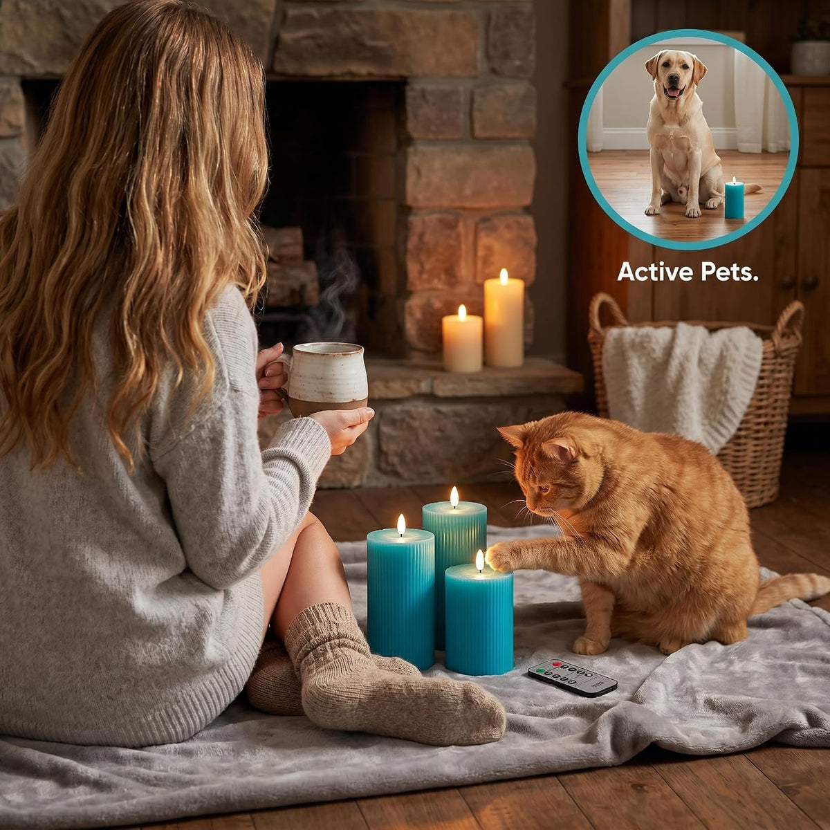 VENTA Turquoise Flameless Pillar Candles, Set of 3 (4" 5" 6") | Realistic Flickering Teal LED Candles with Remote &