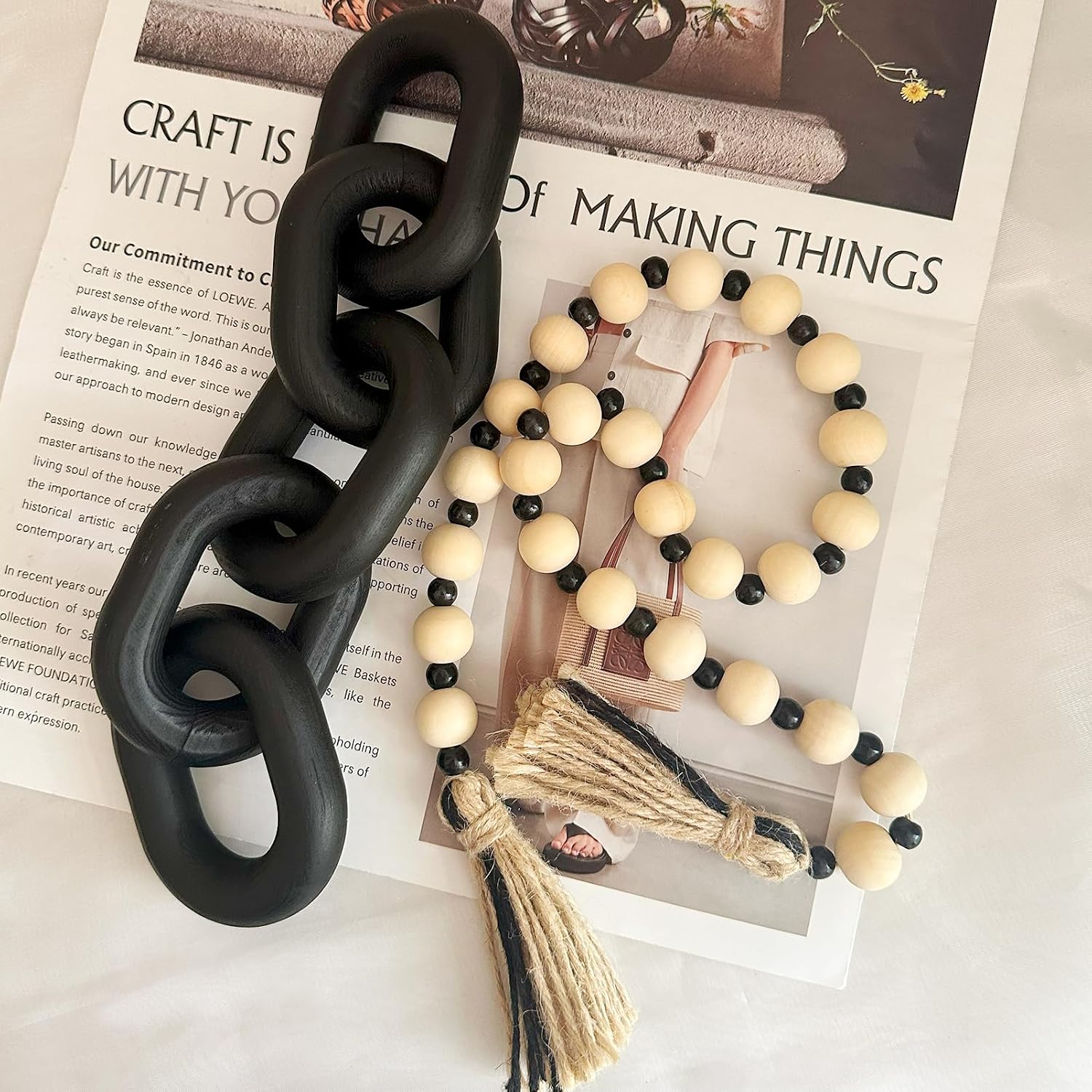 Decorative 5 Link Wooden Chain Decor and Bead Boho Farmhouse Rustic Home Table / Black / Set of 2