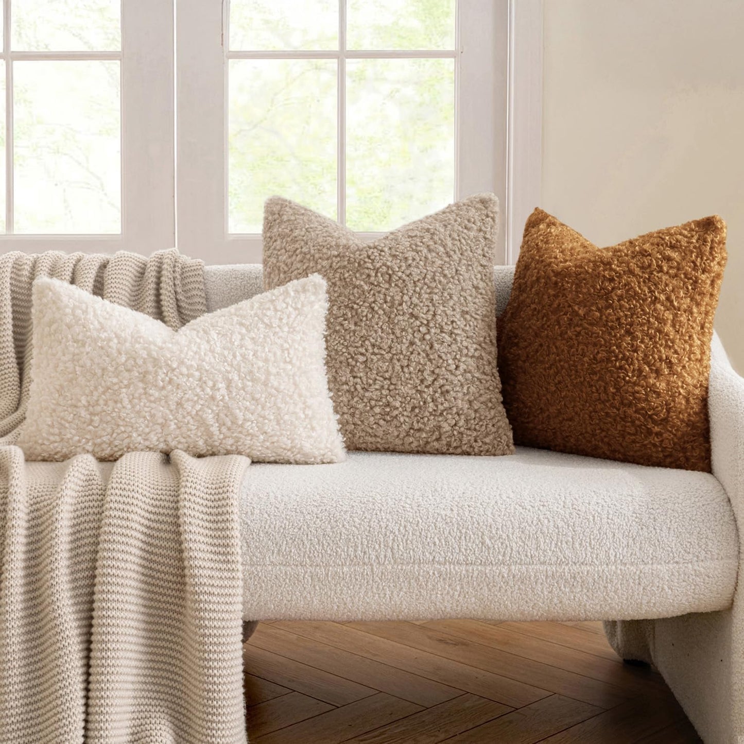 Throw Pillow Covers Faux Fur Decorative Sherpa Pillow Covers / 18 x 18 / Light Camel / Set of 2