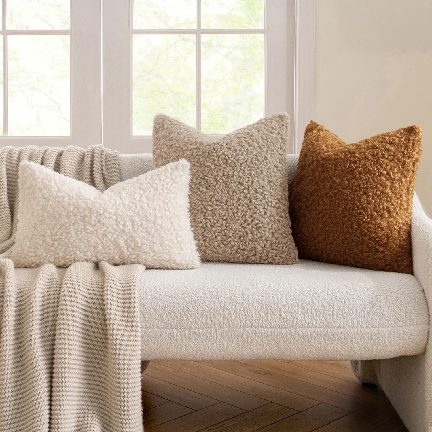 Throw Pillow Covers Faux Fur Decorative Sherpa Pillow Covers / 18 x 18 / Light Camel / Set of 2