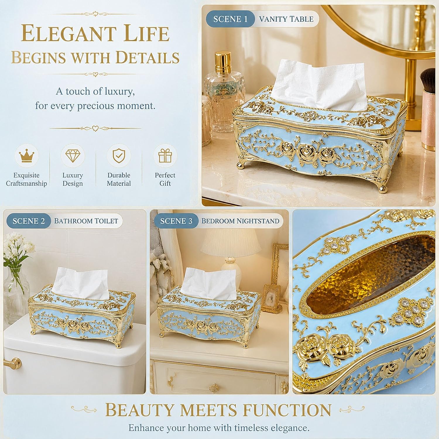 European-Style Vintage Tissue Box Cover / Gold&blue