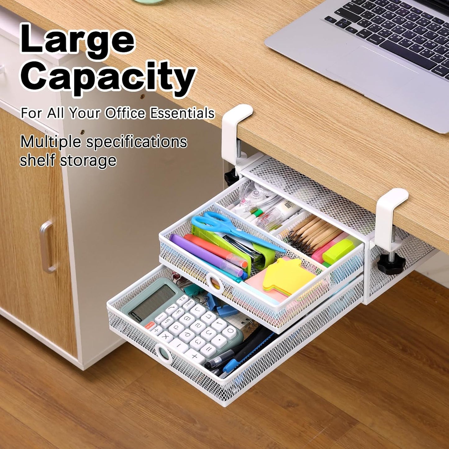 Under Desk Drawer, Clamp on Desk Organizer Slide Out Table Storage No Drill | 2Tier Under desk drawer: clamp on desk