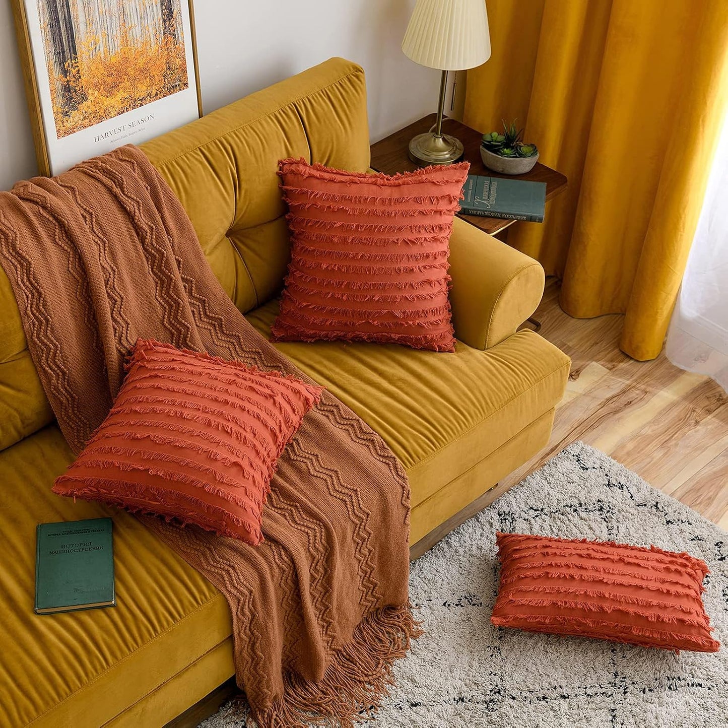 Fall Decorative Boho Throw Pillow Covers Linen Striped Jacquard / 16 x 16 / Burnt Orange / Set of 2