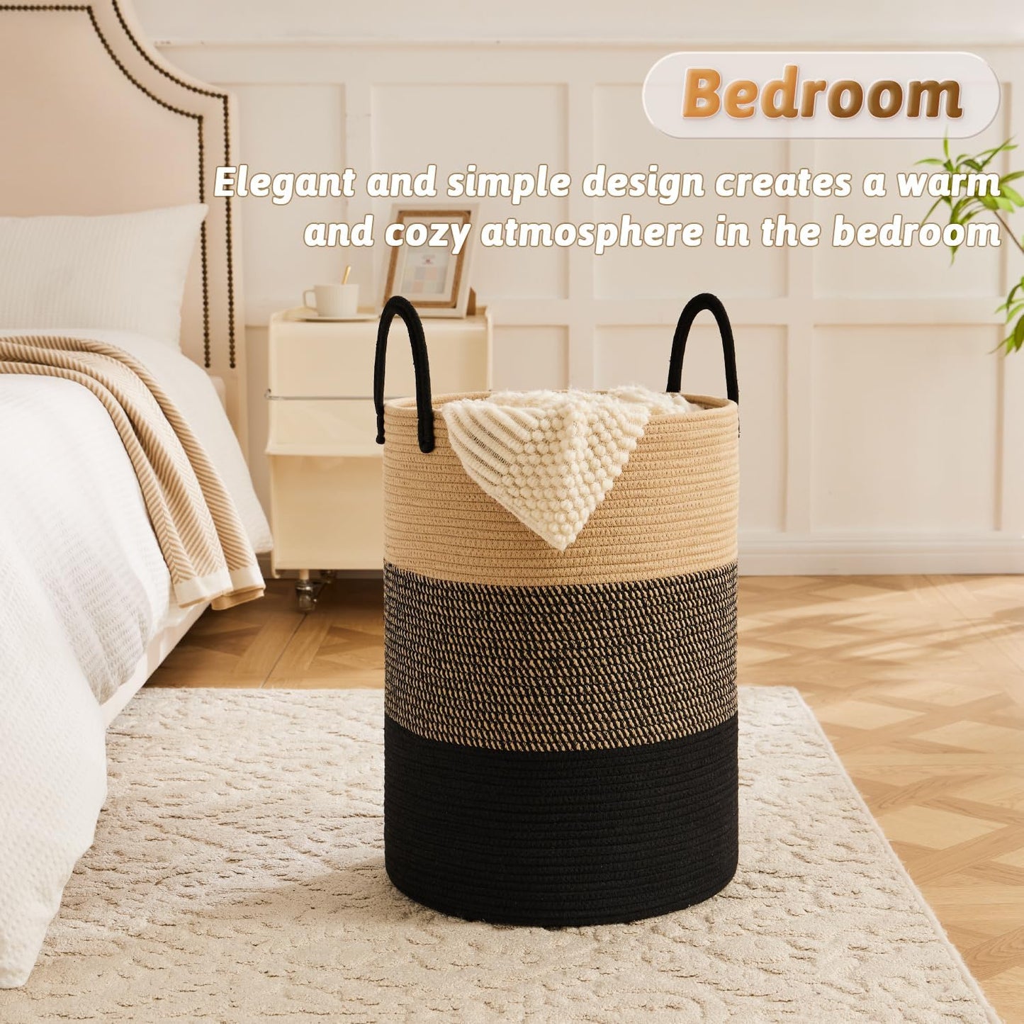 Laundry Basket / Woven Cotton Rope Laundry Hamper / Black & Brown / 60L