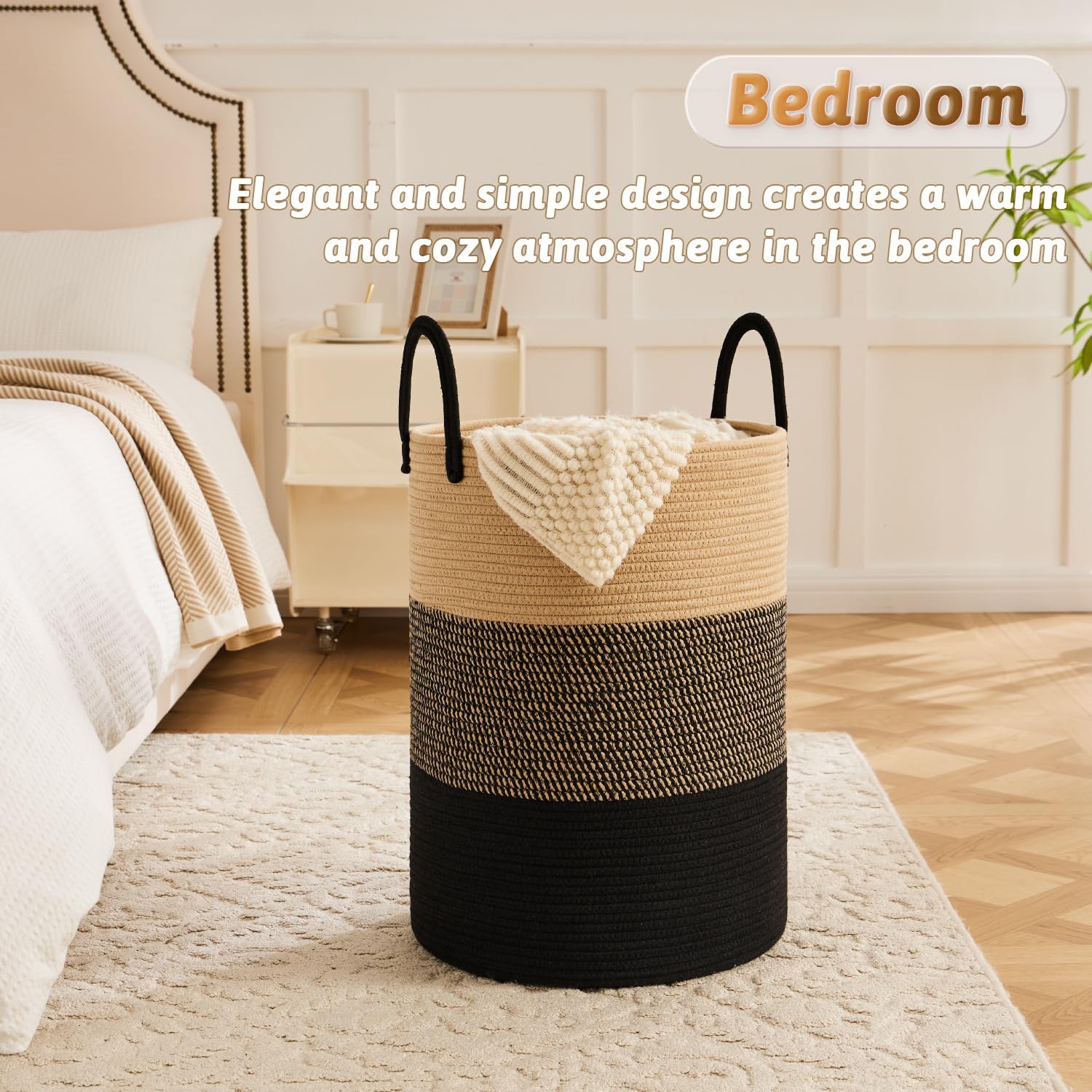 Laundry Basket / Woven Cotton Rope Laundry Hamper / Black & Brown / 60L