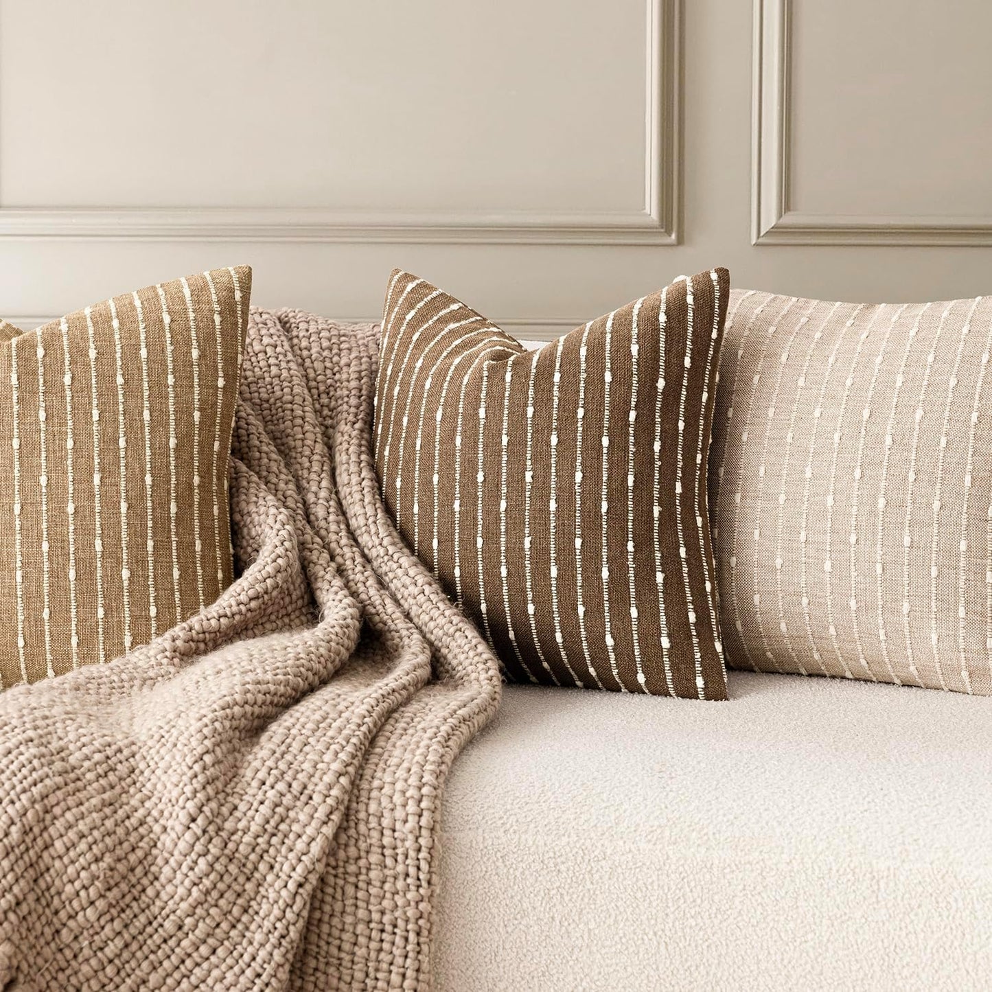 Decorative Jacquard Boucle Throw Pillow Covers Accent Textured Striped / 18 x 18 / Brown / Set of 2