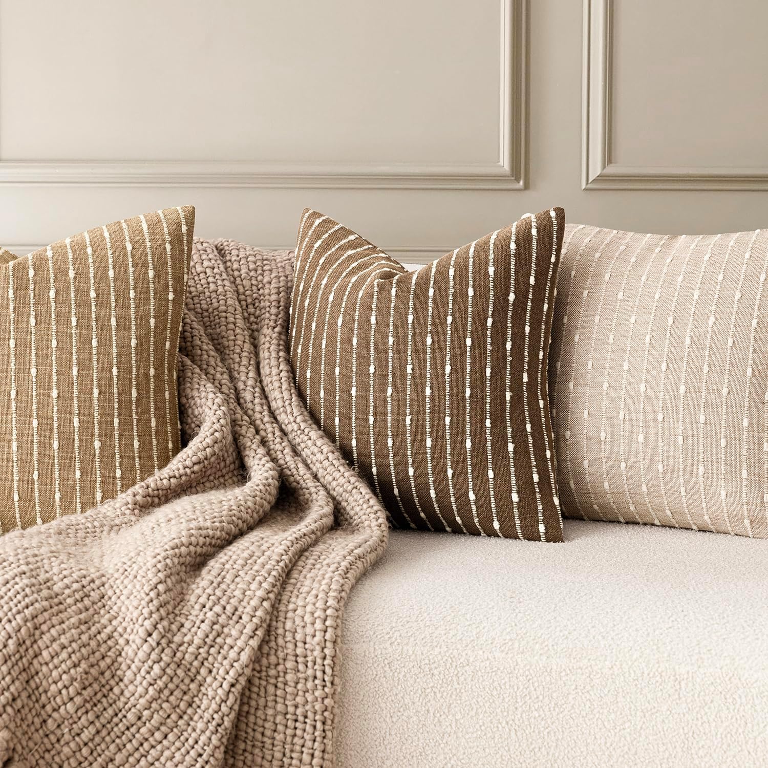 Decorative Jacquard Boucle Throw Pillow Covers Accent Textured Striped / 18 x 18 / Brown / Set of 2