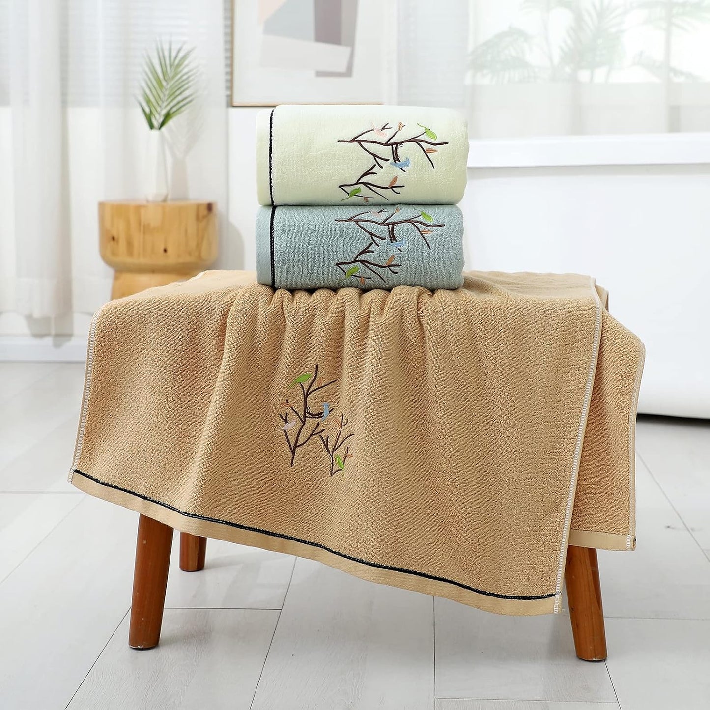Bath Towel Embroidered Bird Tree Pattern 100% Cotton Soft Absorbent Decorative Towels for Bathroom 27.6 x 55 Inch