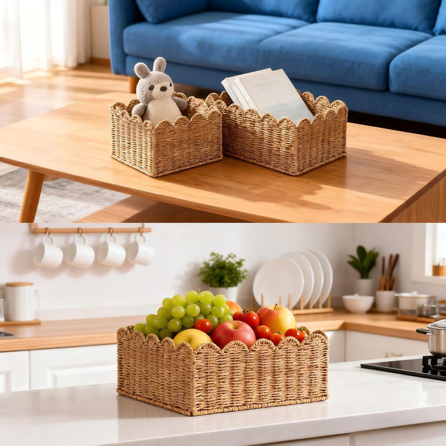 Scalloped Basket / Hand Woven Baskets / Light Brown / M