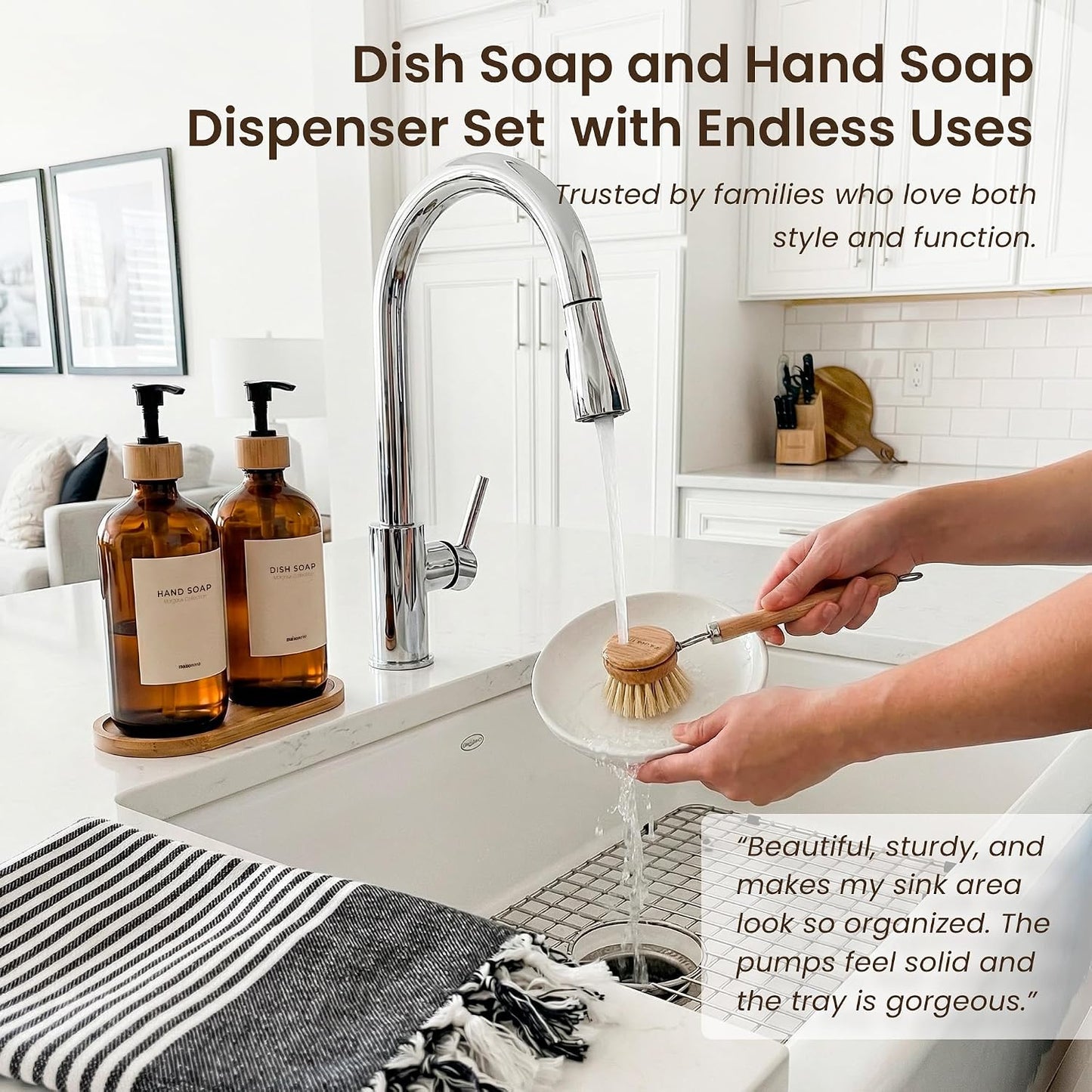 Maisonovo Dish Soap Dispenser Set - Amber Soap Dispenser Black Bamboo Pumps | Glass bottles for body wash, lotion