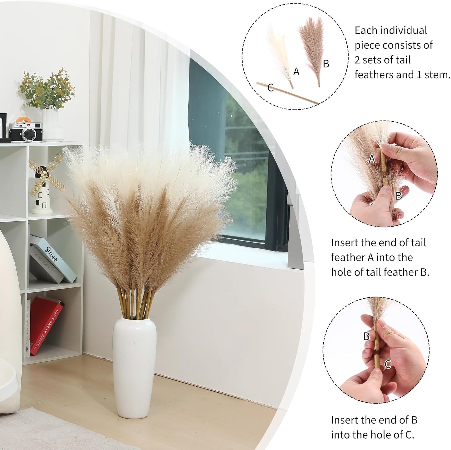 9 Stems Faux Pampas Grass / Beige & Taupe / 38 Inch