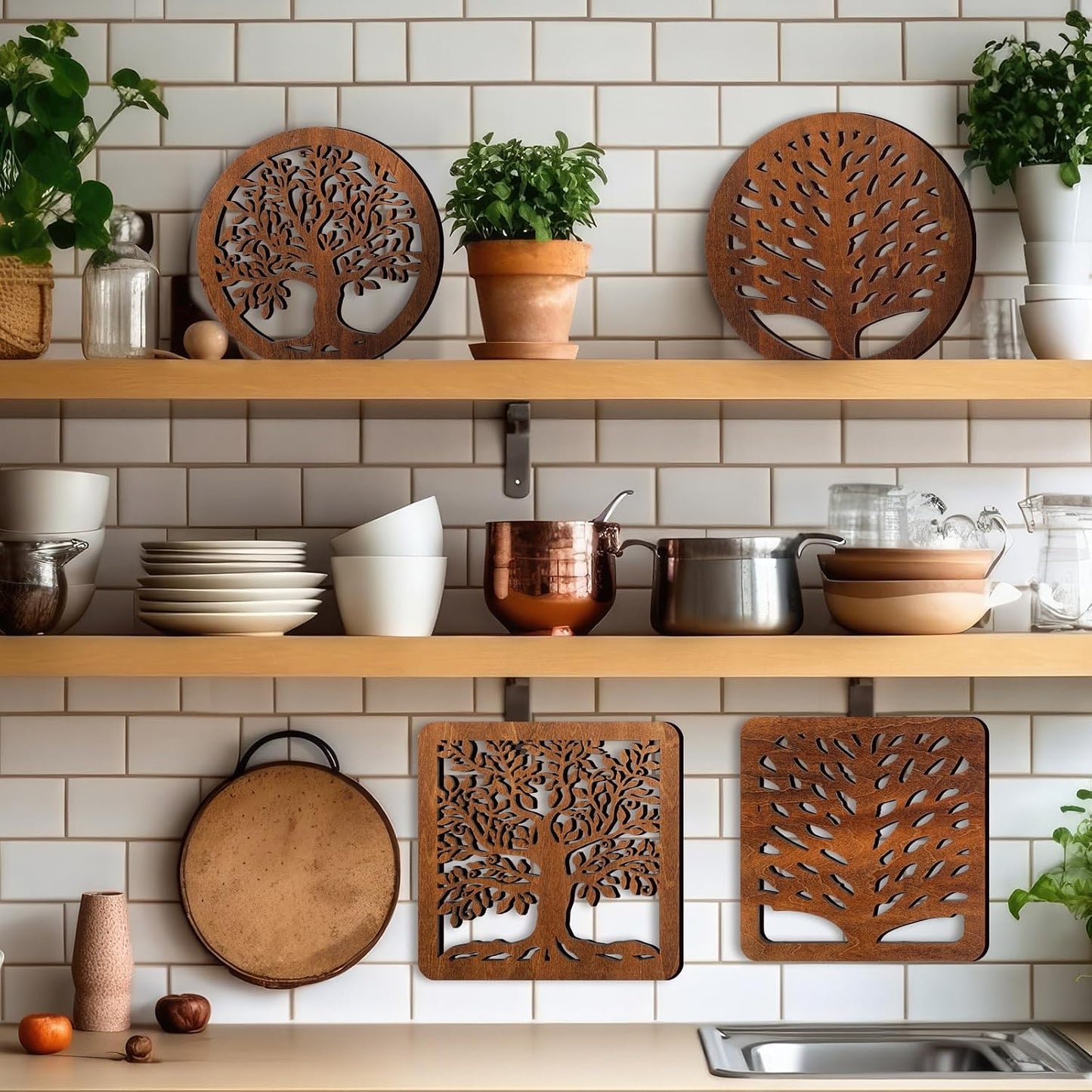 Beeveer 5 Pcs Life Tree Wooden Trivets with Storage Rack Hot Pads Trivets for Hot Dishes Pots and Pans Heat Resistant