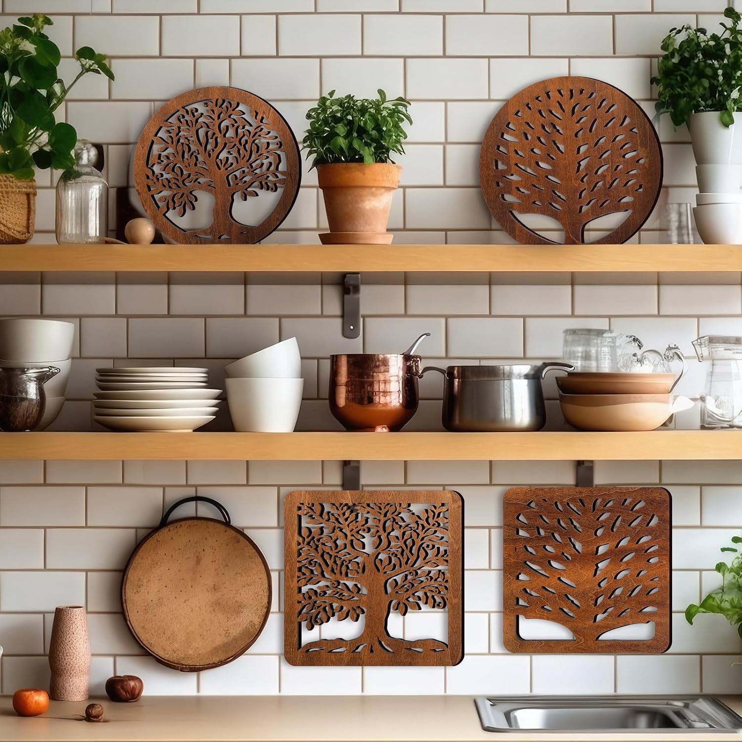 Beeveer 5 Pcs Life Tree Wooden Trivets with Storage Rack Hot Pads Trivets for Hot Dishes Pots and Pans Heat Resistant