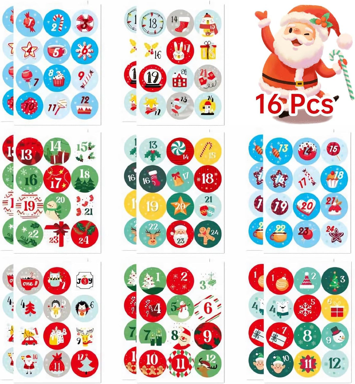 16 Sheets Christmas Advent Calendar Stickers - Number Stickers 1-25 with Christmas Theme,Christmas Countdown Stickers Christmas Stickers for Gifts Sealing Envelopes Crafts Christmas Decorations