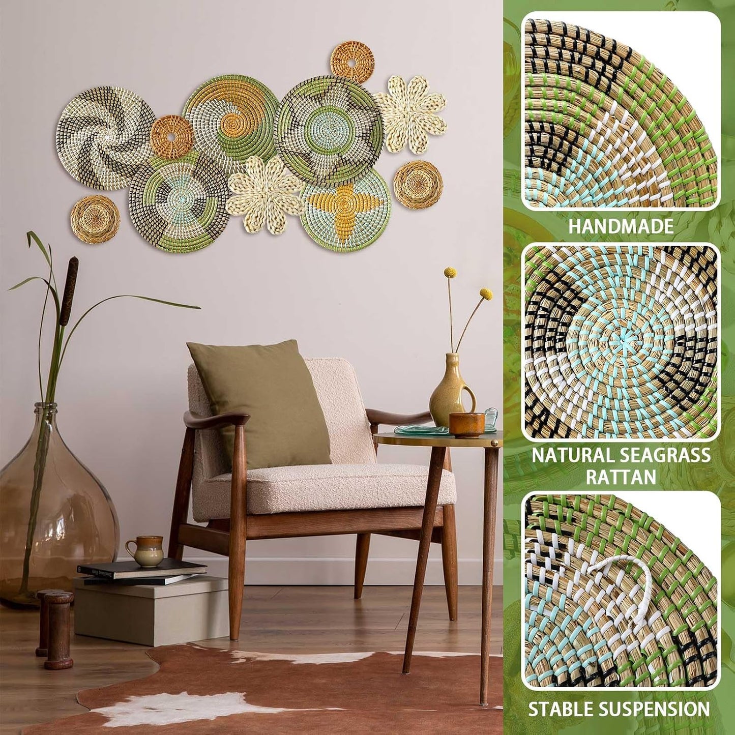 Boho Wall Basket Decor Bulrush Woven Wall Hanging Art Round Farmhouse Rustic / Stylish / Set of 11