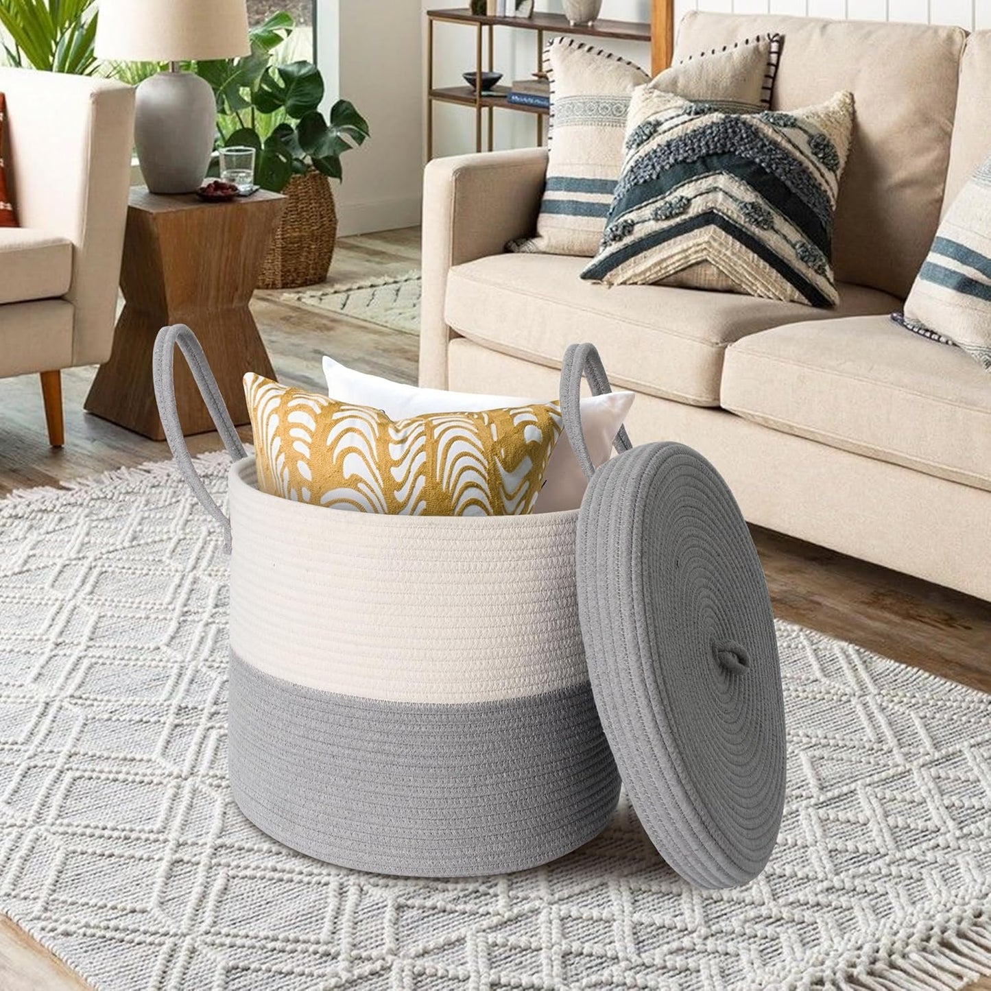 Large Woven Cotton Rope Baskets for Storage / Grey