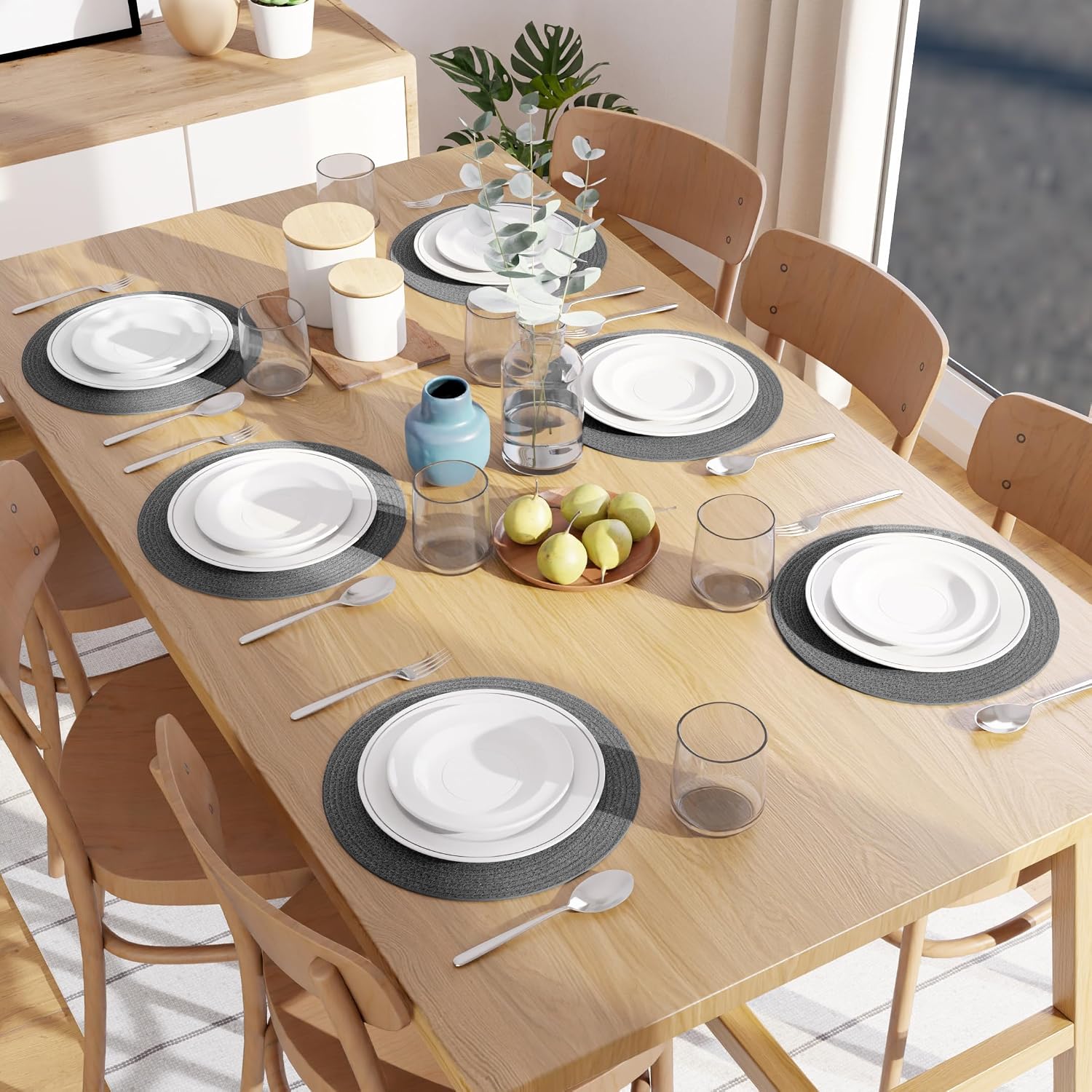 Encasa XO Placemats, Round Cotton Dining Table Mats 13" | Dark Grey, Handcrafted Ribbed Texture | Heat Resistant