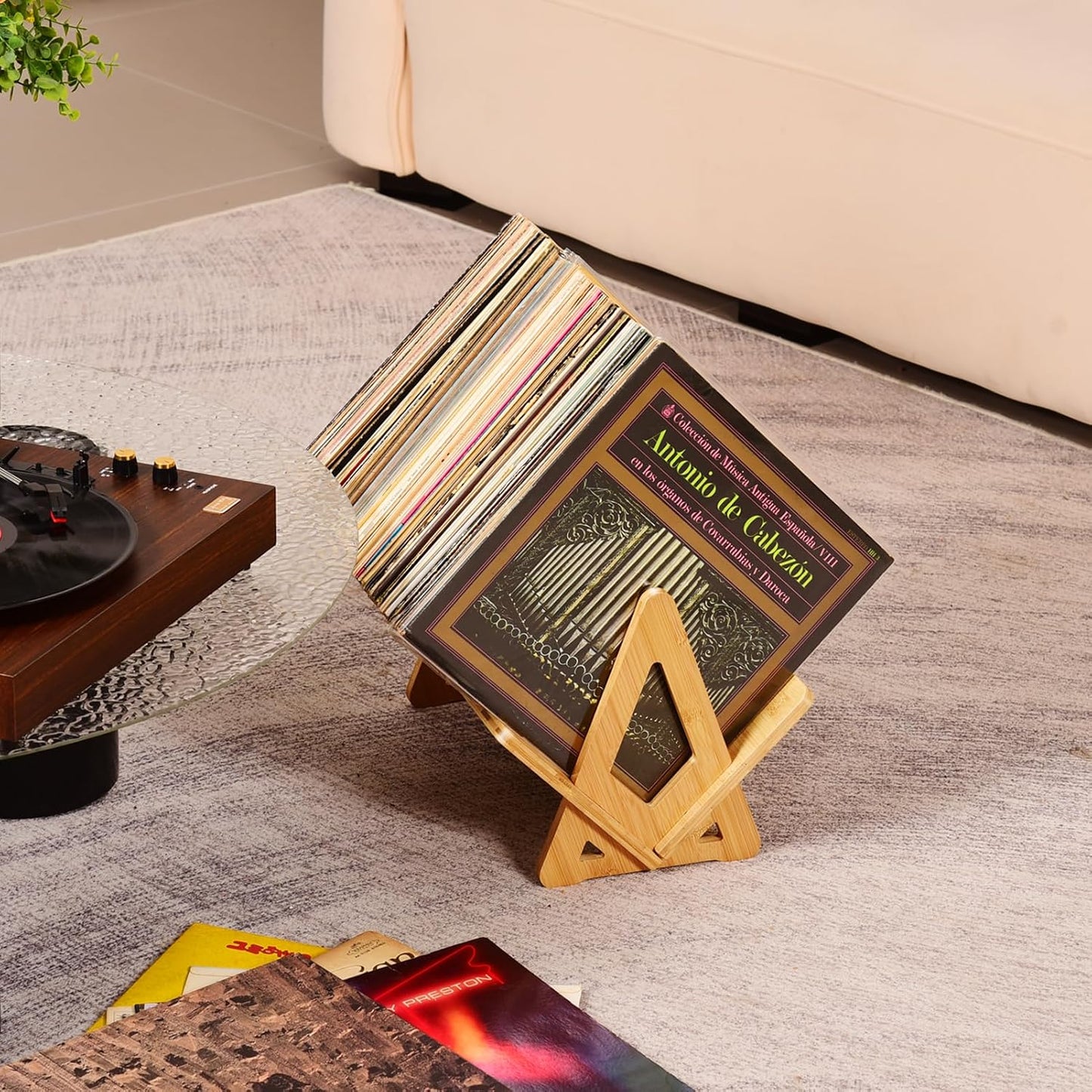 Bamboo Vinyl Record Holder 80-100 LP Record Stand, Quick Assembly Record Storage, Modern Design Organizer for Magazine