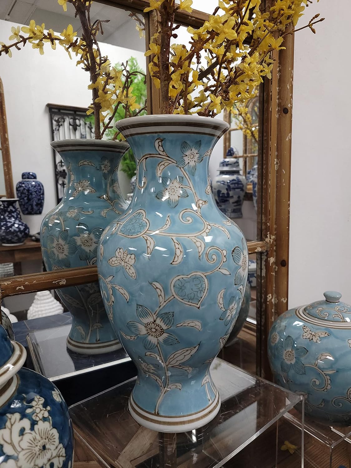 Light Blue and White Flower & Heart Chinoiserie Ceramic Vase 14"- Hand / Light Blue & White Flower
