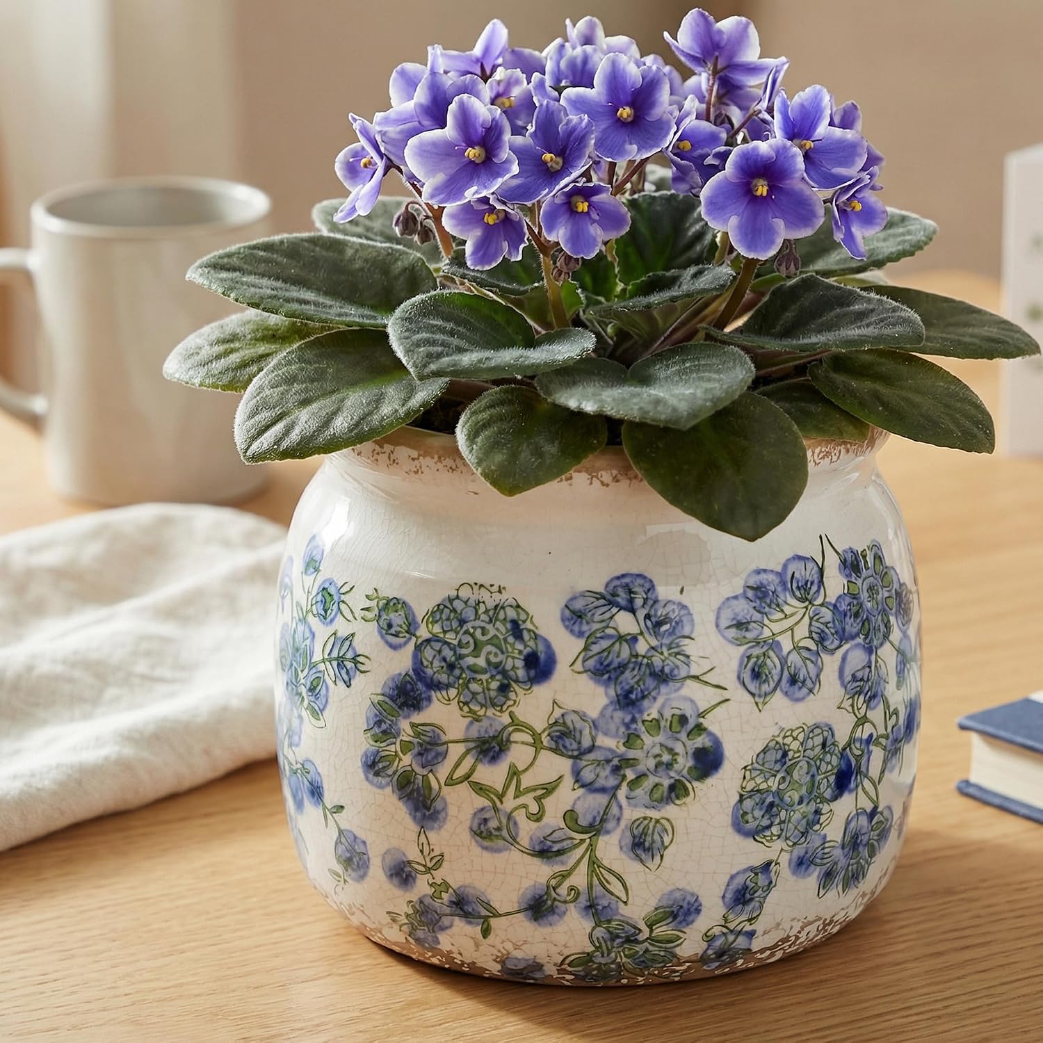 Ceramic Planters Spring Decor / Deep Blue Floral / 6.29 Inch