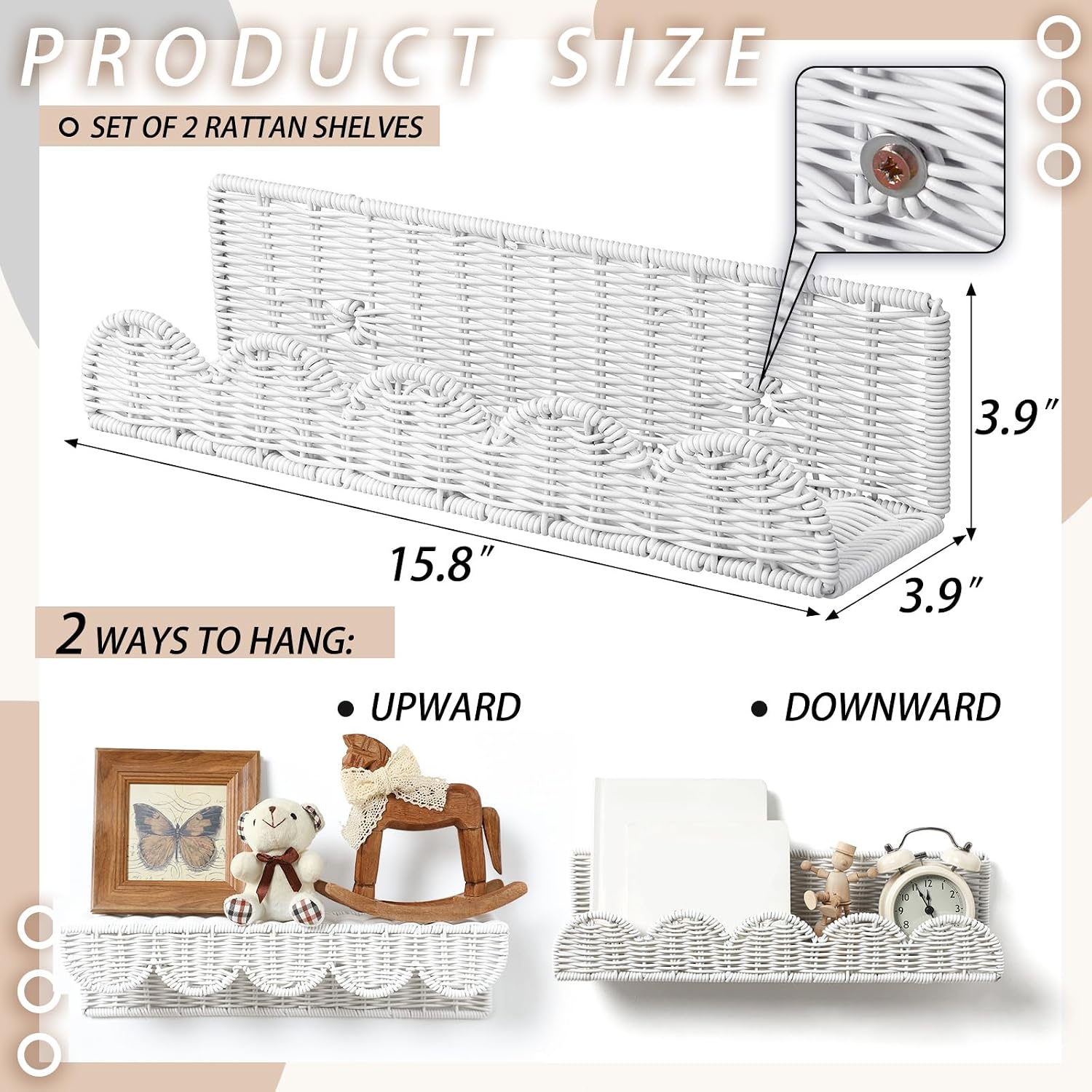 Nursery Book Shelves Rattan Scalloped Floating Bookshelves Wicker Boho / 15.8 Inch / Cute / Set of 4