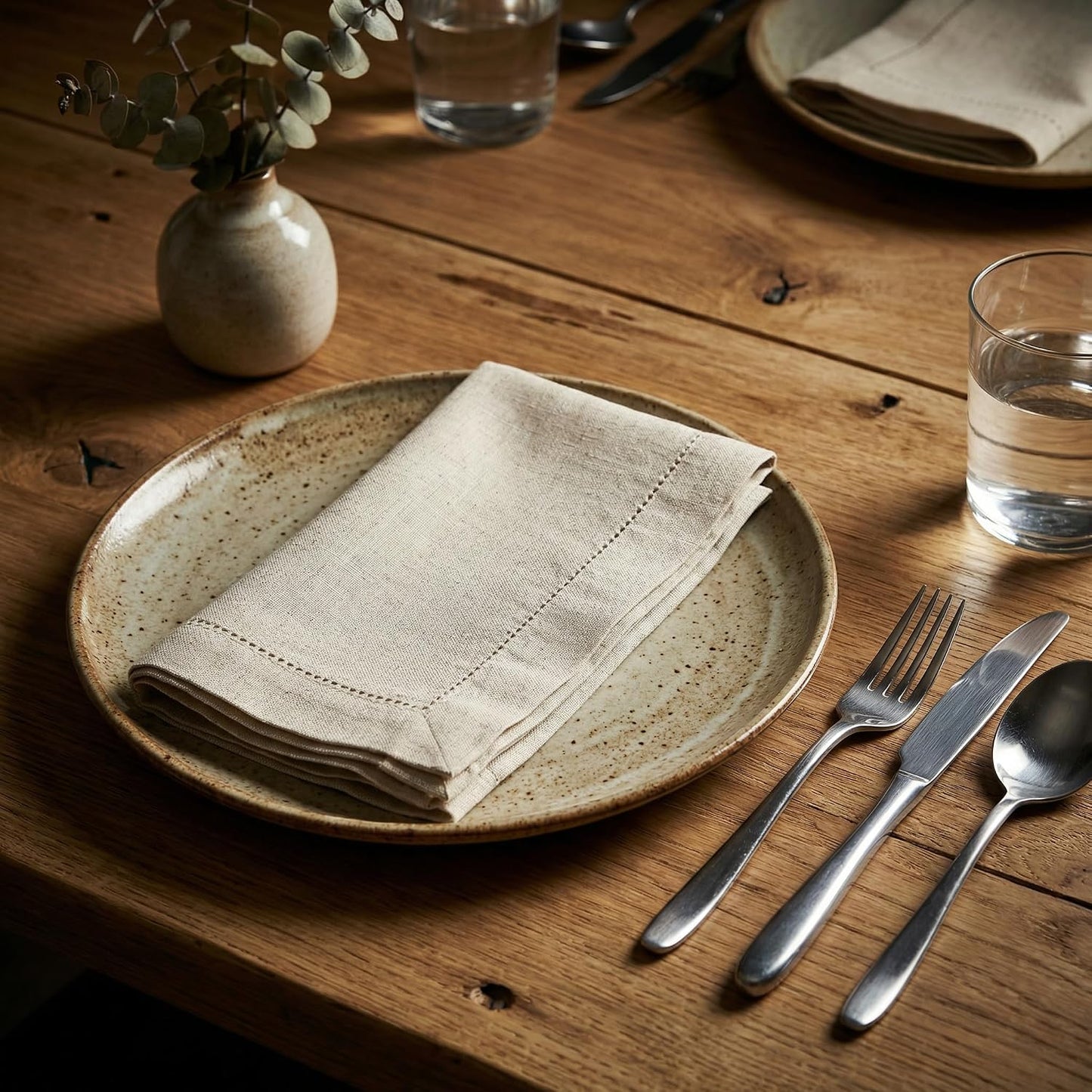 Set of 12 Flax Hemstitch Cloth Napkins 20x20 Inch - Natural | Premium Linen Cotton Reusable Dinner Napkin for Wedding