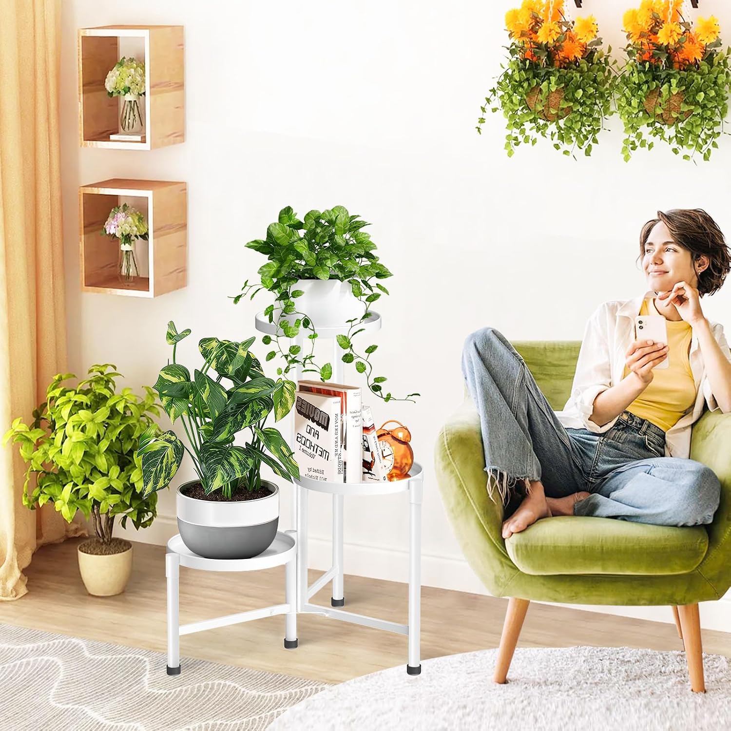 3 Tier Metal Corner Plant Stand Indoor Outdoor, 10 Inch Wide Tray, White | 30 In Tall Foldable Iron Flower Pot Holder