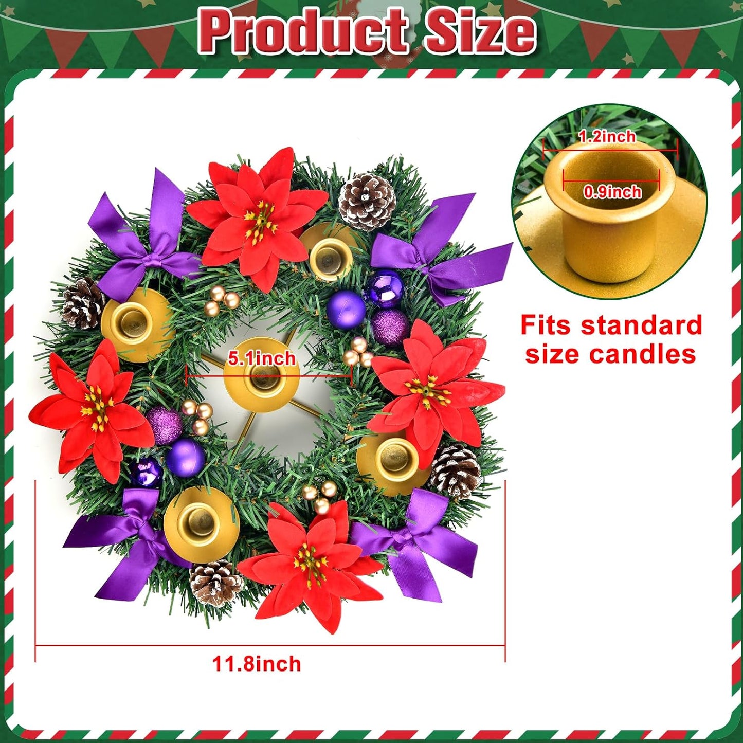 12 Inch Christmas Advent Wreath 5 Candle Holder with Metal Candle Cups for Taper Candles Fire Retardant Centerpiece