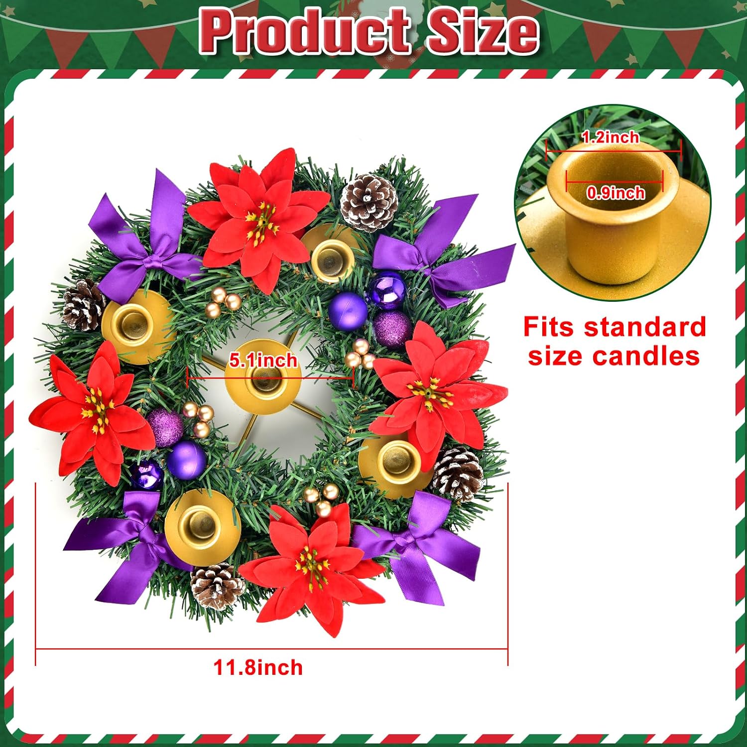 12 Inch Christmas Advent Wreath 5 Candle Holder with Metal Candle Cups for Taper Candles Fire Retardant Centerpiece
