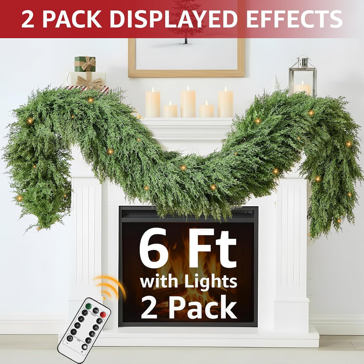 Cedar Christmas Garland for Mantle - 2 Pack Decorations with Lights 6 ft Realistic Lighted Faux Pine Garlands for Xmas
