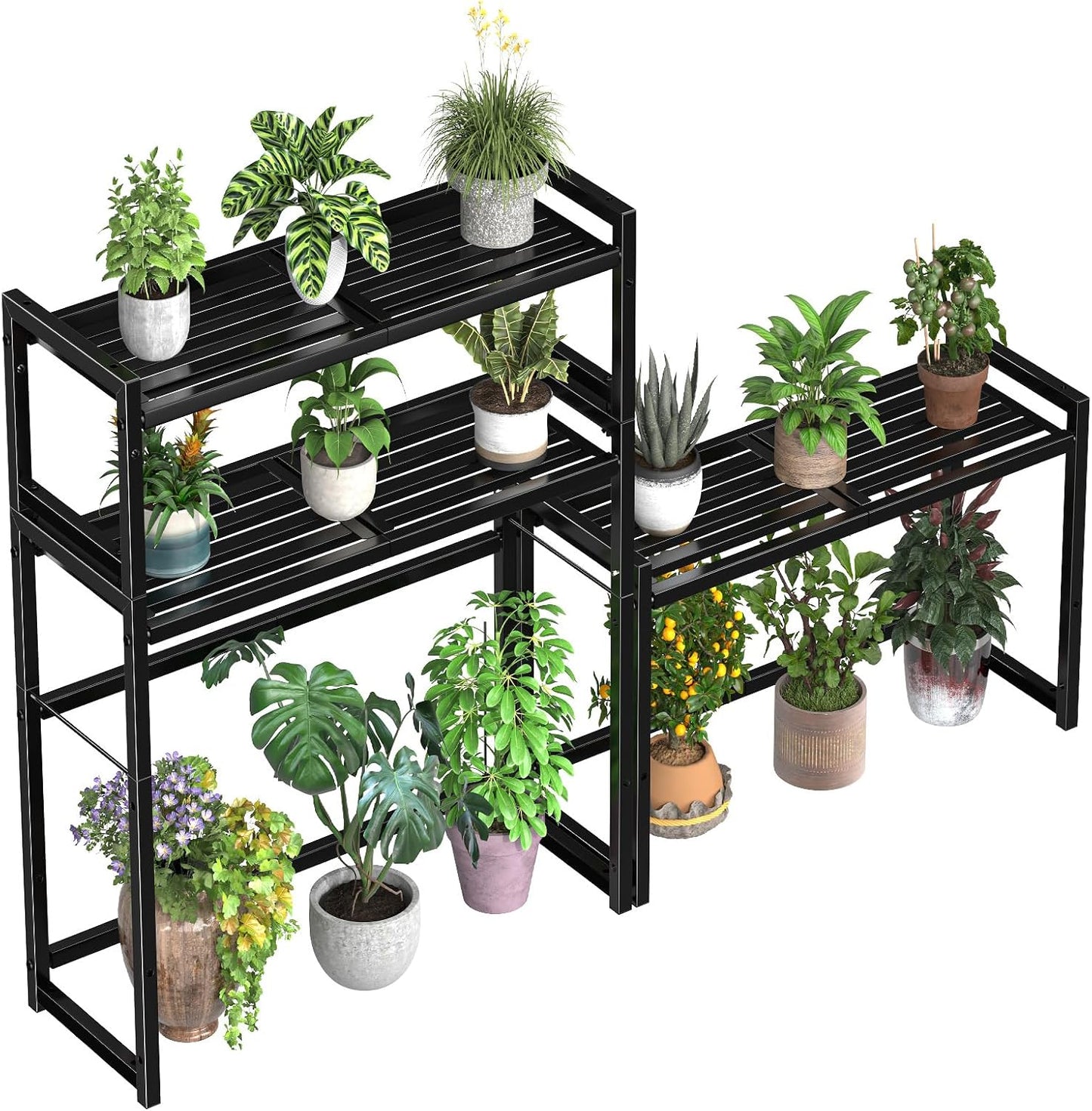 Ekisemio 3-Tier Metal Plant Stand, Heavy Duty Waterproof Indoor Outdoor Stackable Shelf, Tall Flower Pot Holder &